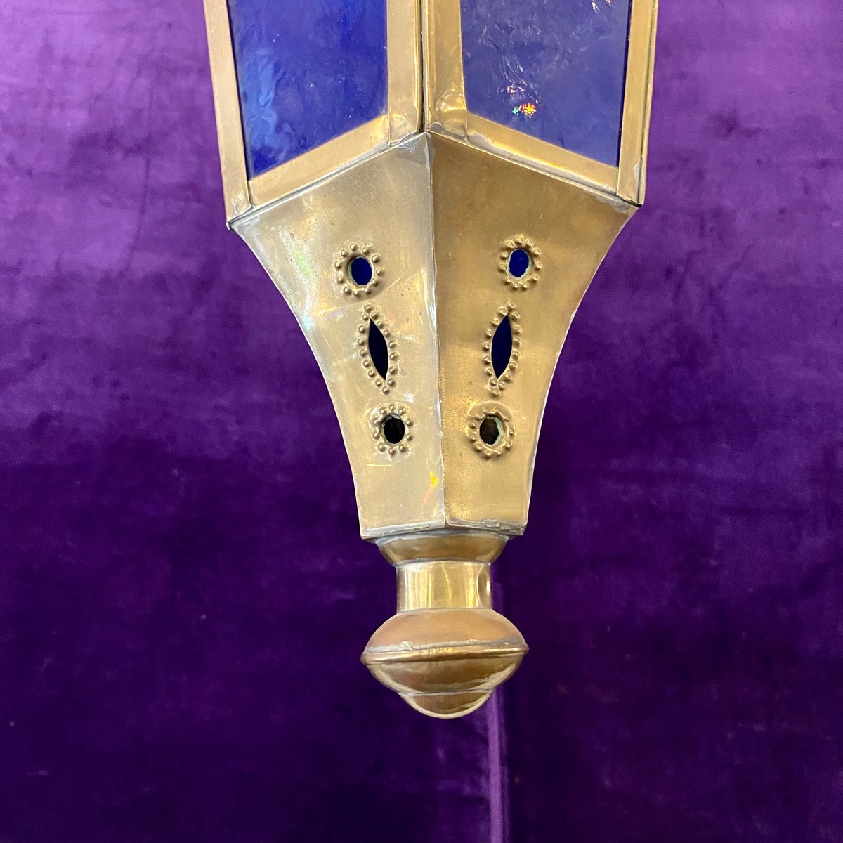 Polished Brass Lantern with Pressed Cobalt Blue Glass Delos Antiques