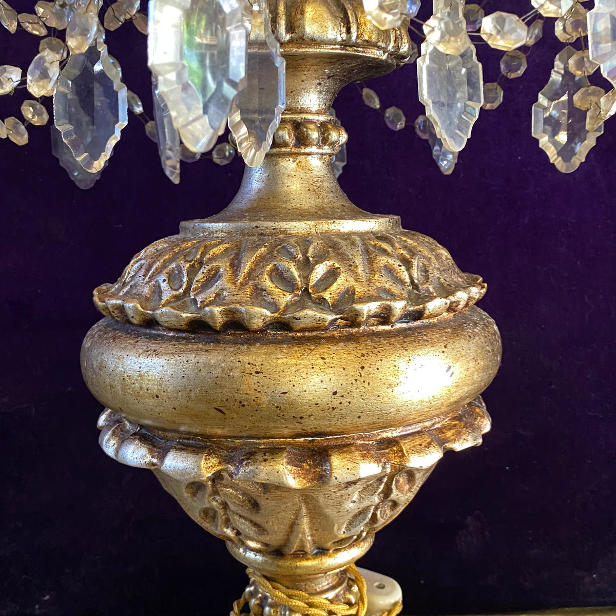 Pair of Antique Gilt Wood Candelabras with Original Crystals Delos