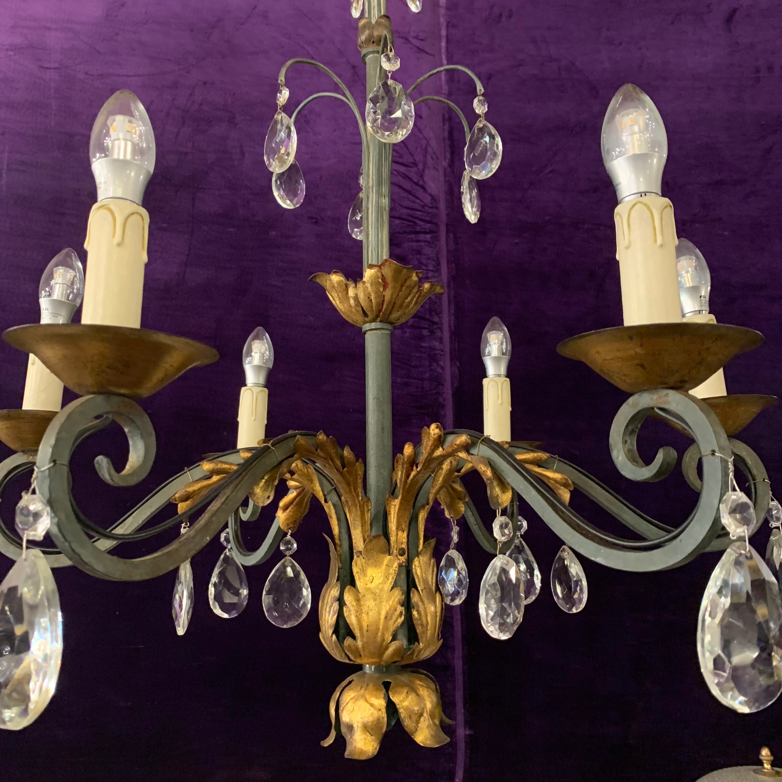 Wrought Iron Chandelier with Gold Leaf Details