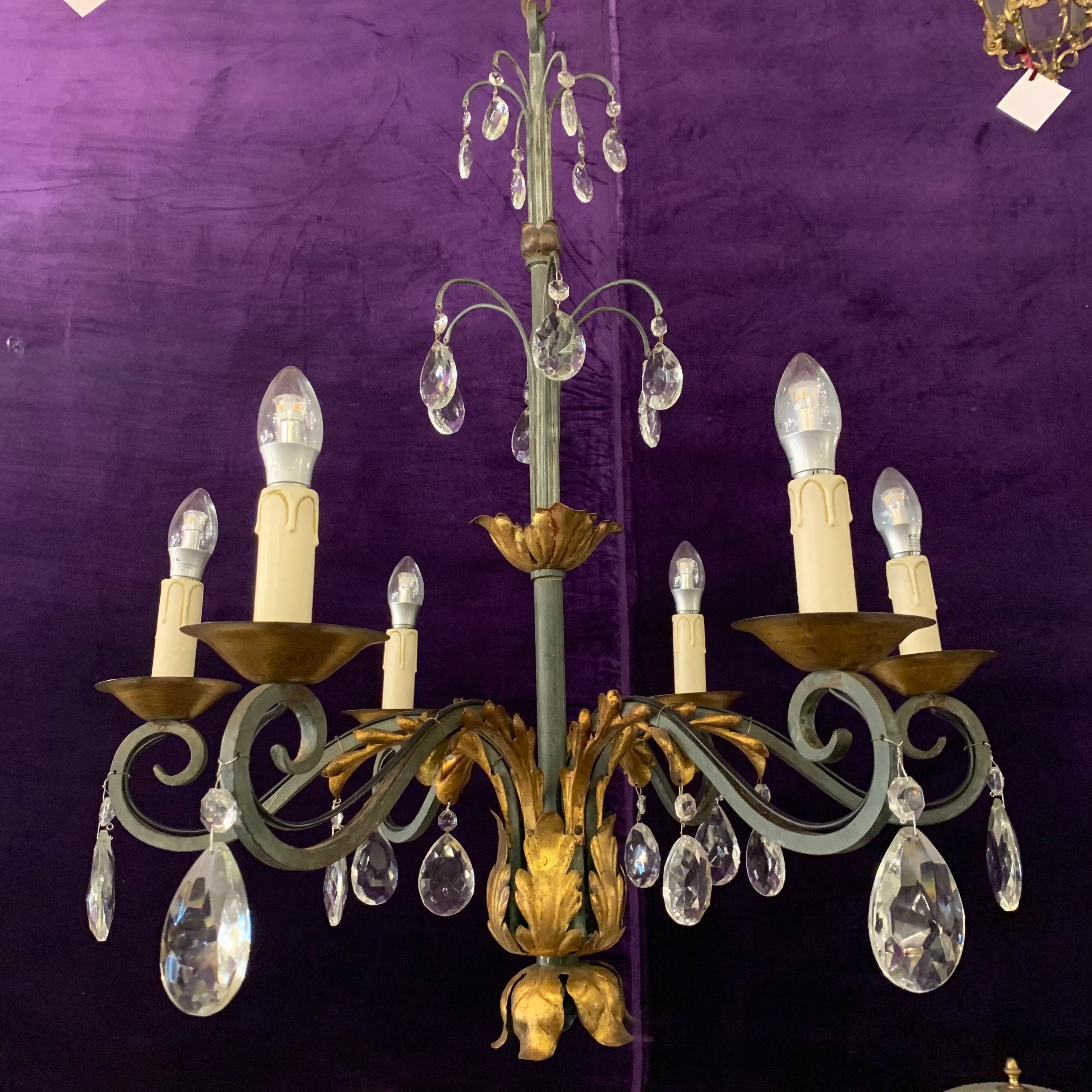 Wrought Iron Chandelier with Gold Leaf Details