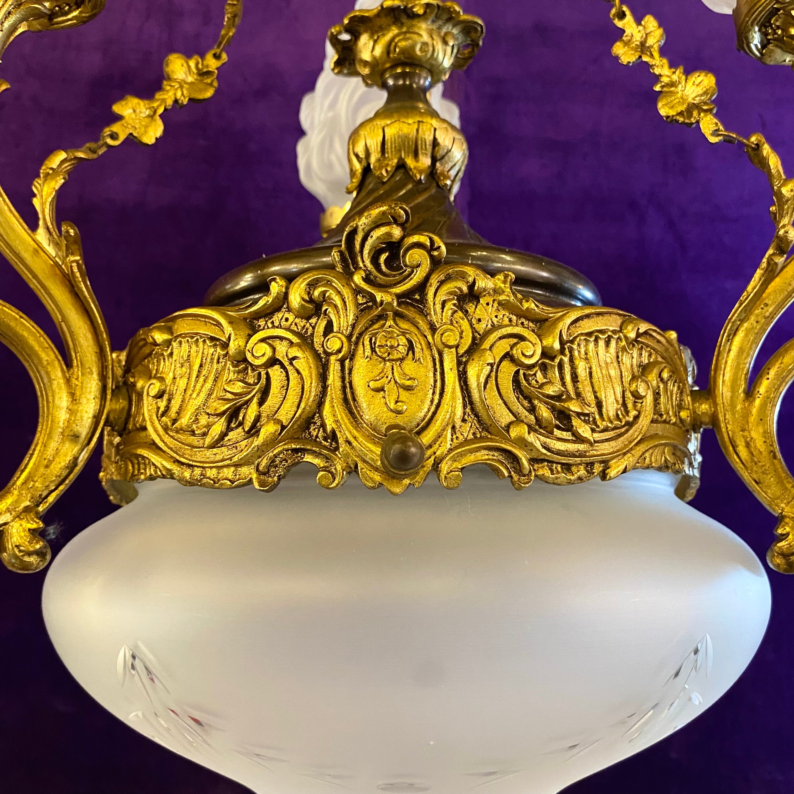 Rare Gilt Empire Chandelier with Original Etched Glass Shades