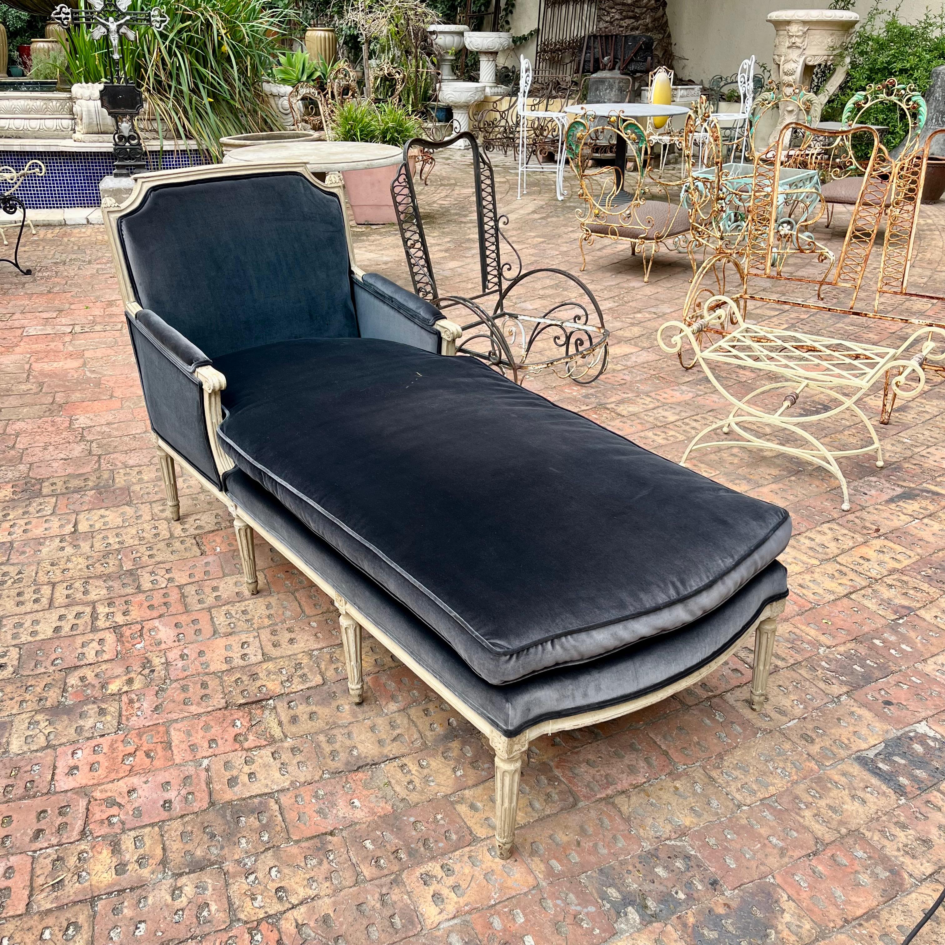 French Chaise Lounge in Aged Charcoal Velvet
