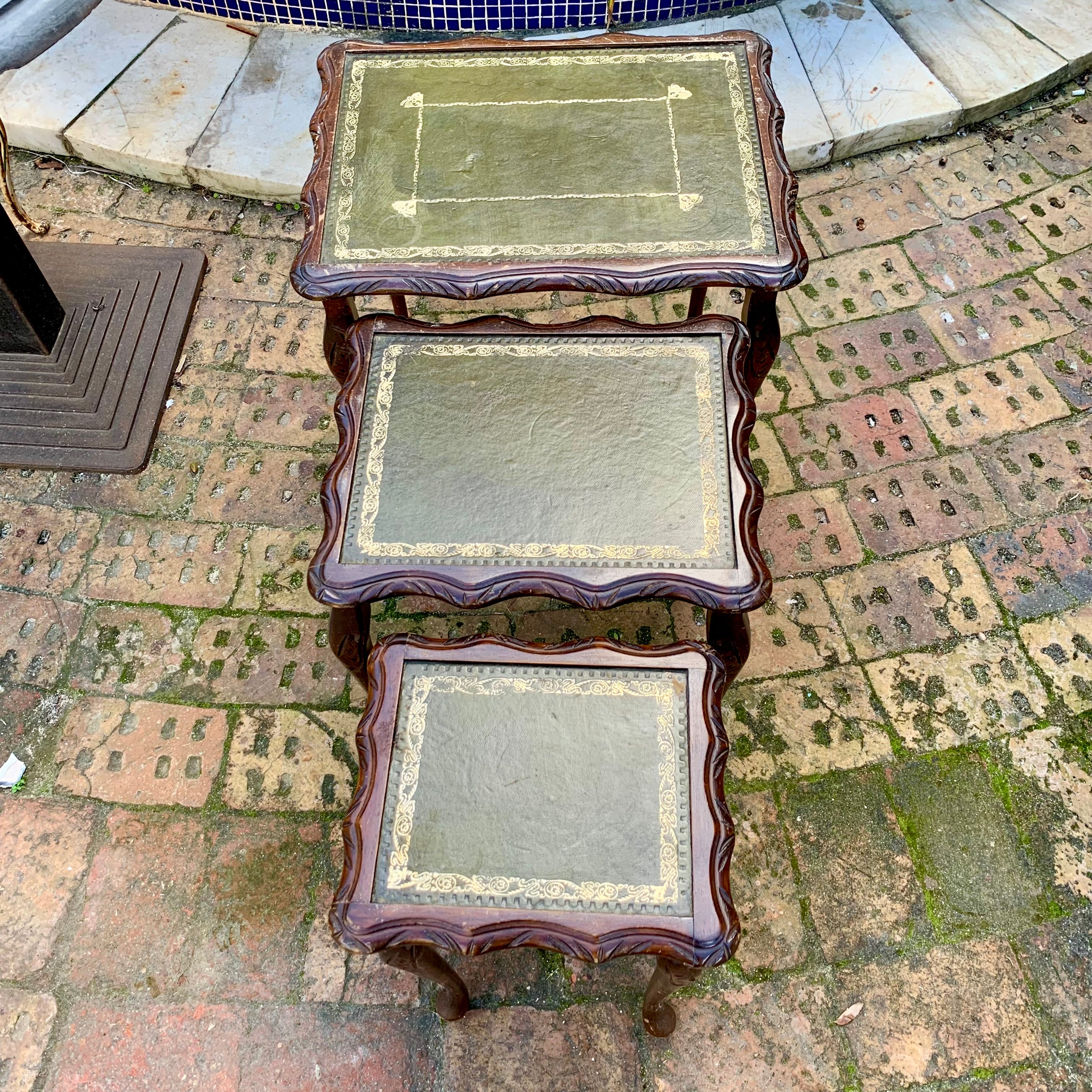 Antique Oak Nesting Tables with Leather Pads