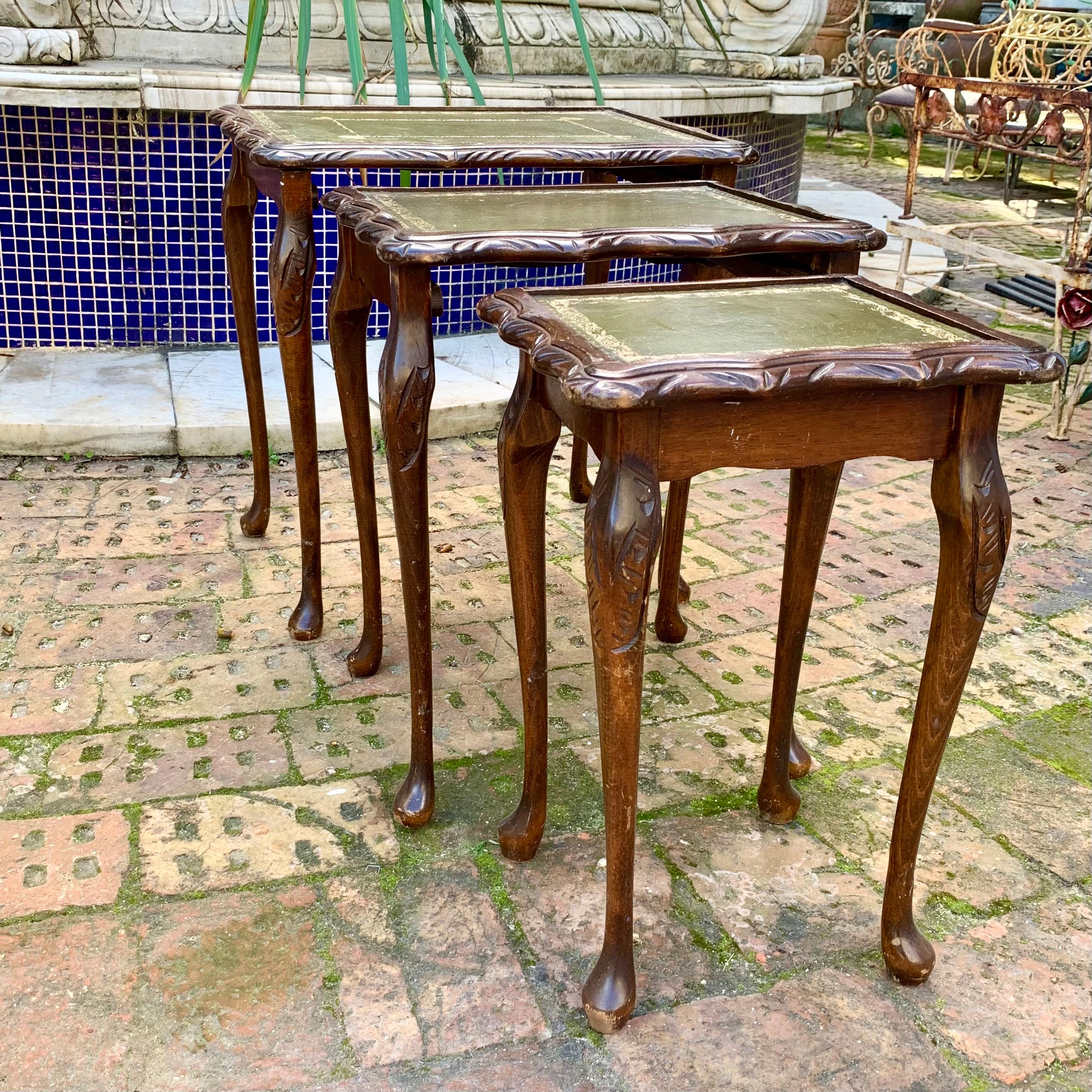 Antique Oak Nesting Tables with Leather Pads