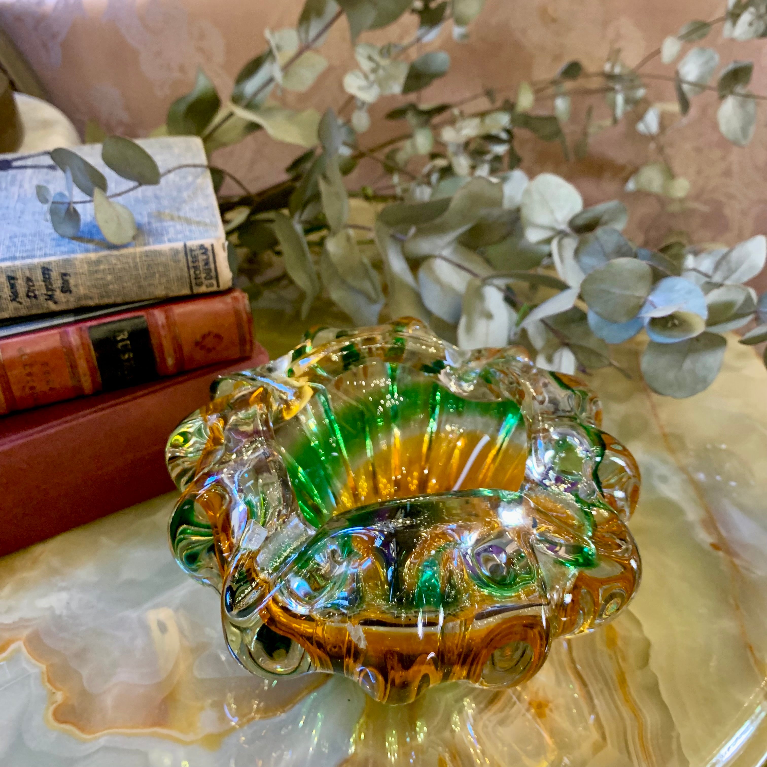Gorgeous Green and Gold Murano Bowl