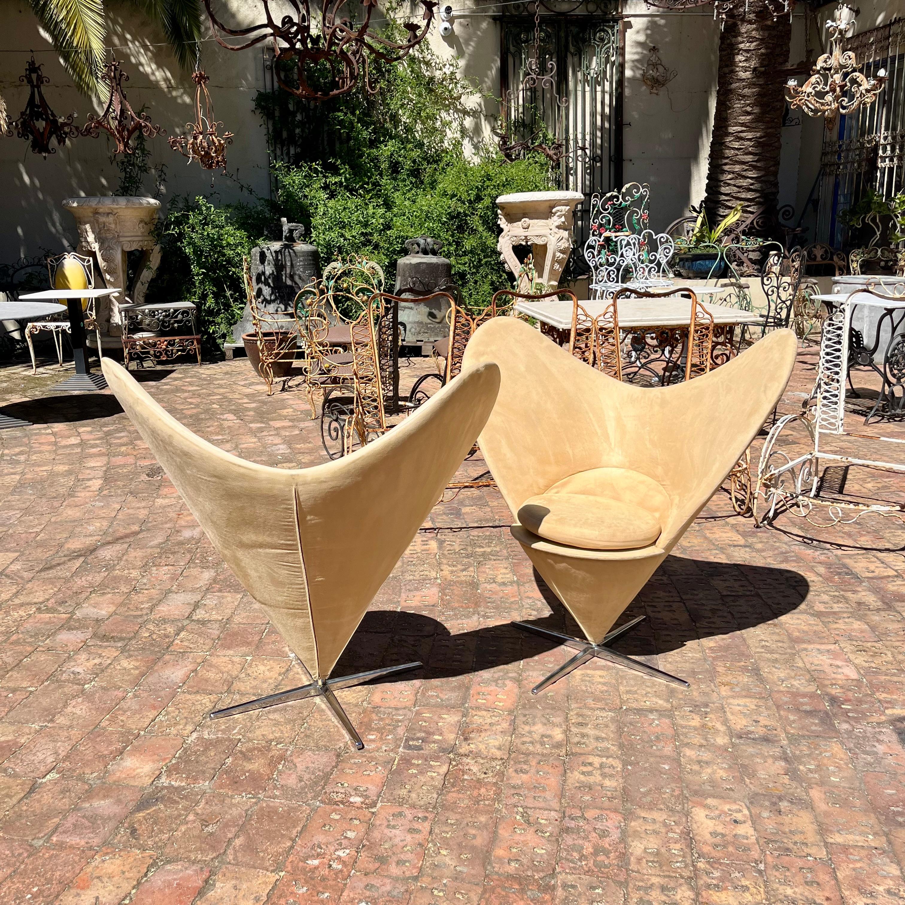 Pair of Mid-Century Panton Style Cone Chairs in Mock Beige Suede