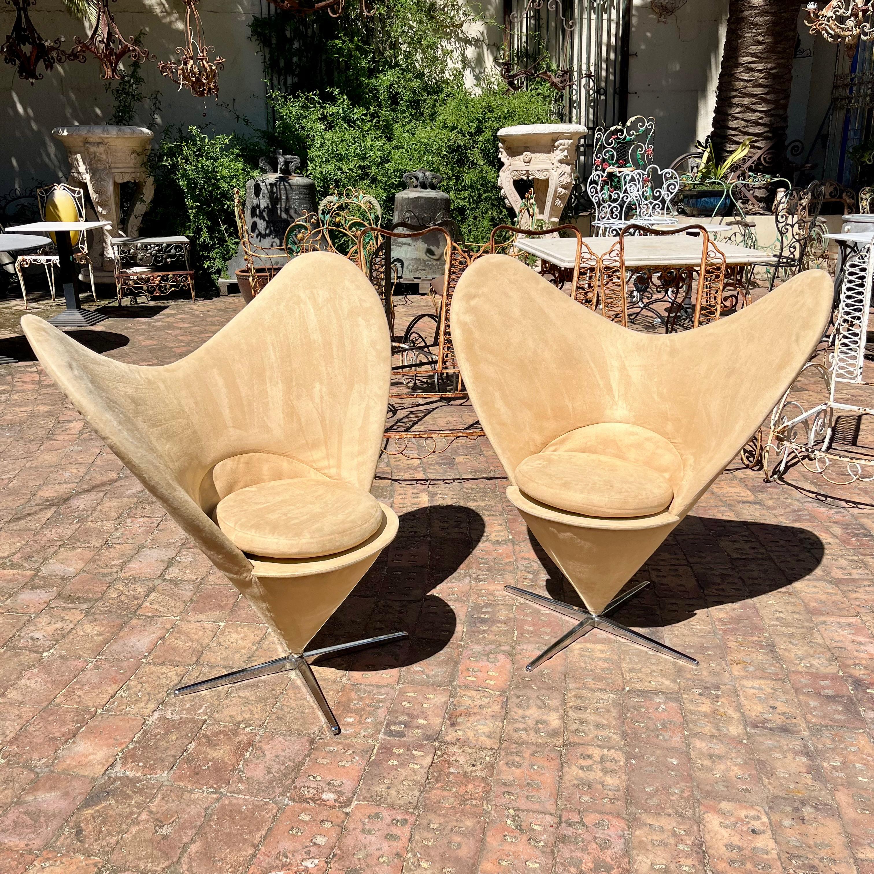 Pair of Mid-Century Panton Style Cone Chairs in Mock Beige Suede