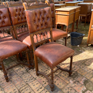 Antique Carved Oak and Leather Dining Chairs