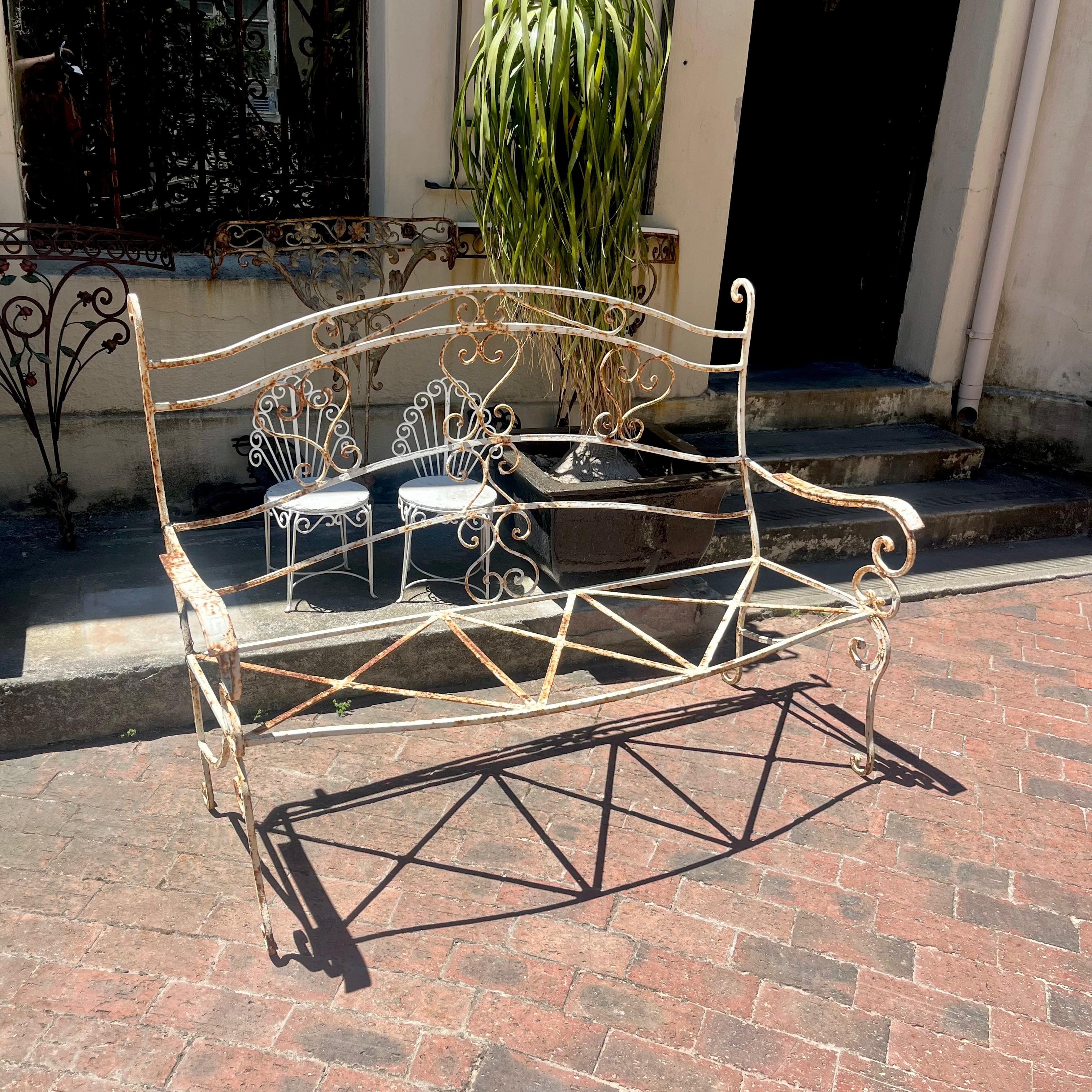 Rustic Wrought Iron Bench with Scroll Detail