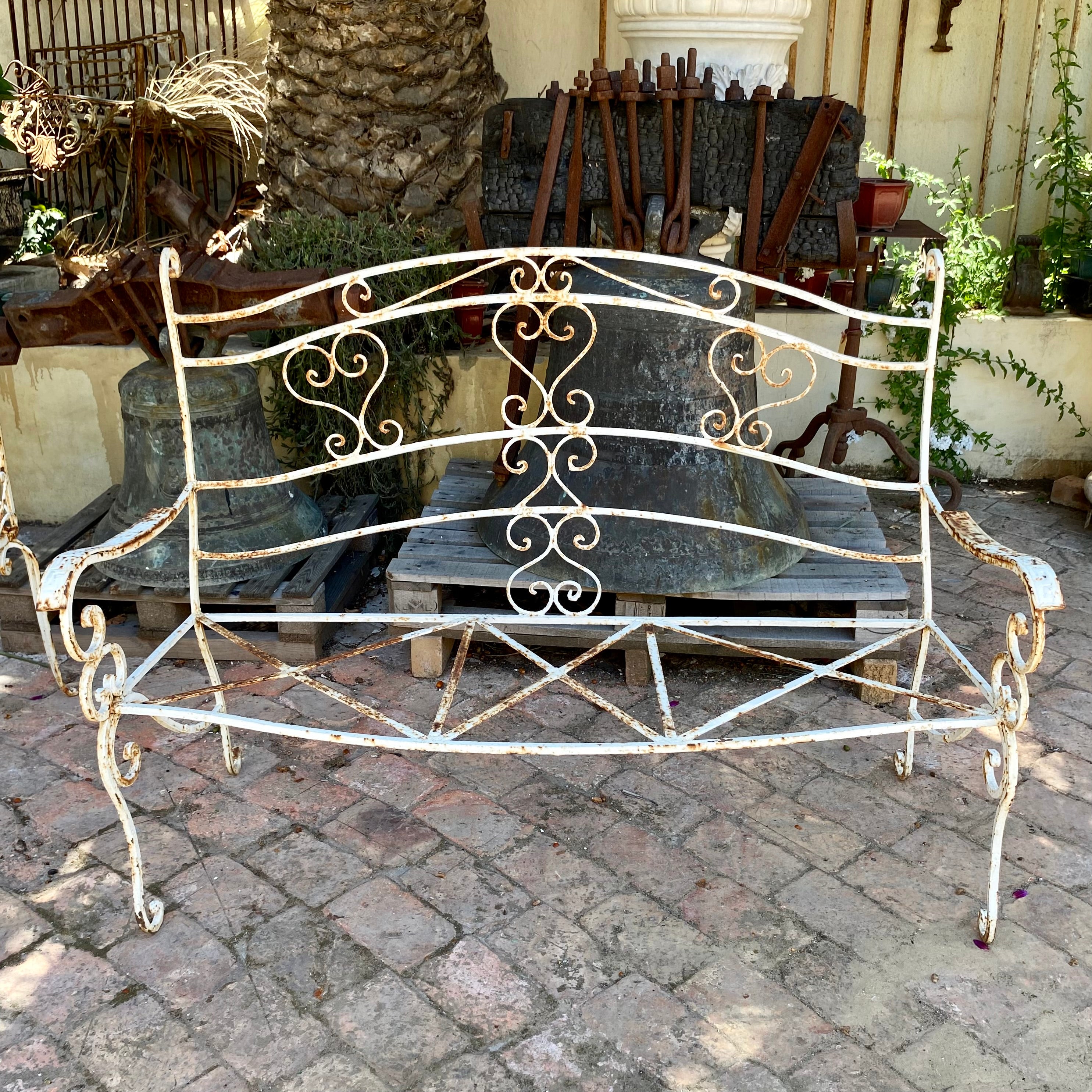 Rustic Wrought Iron Bench with Scroll Detail