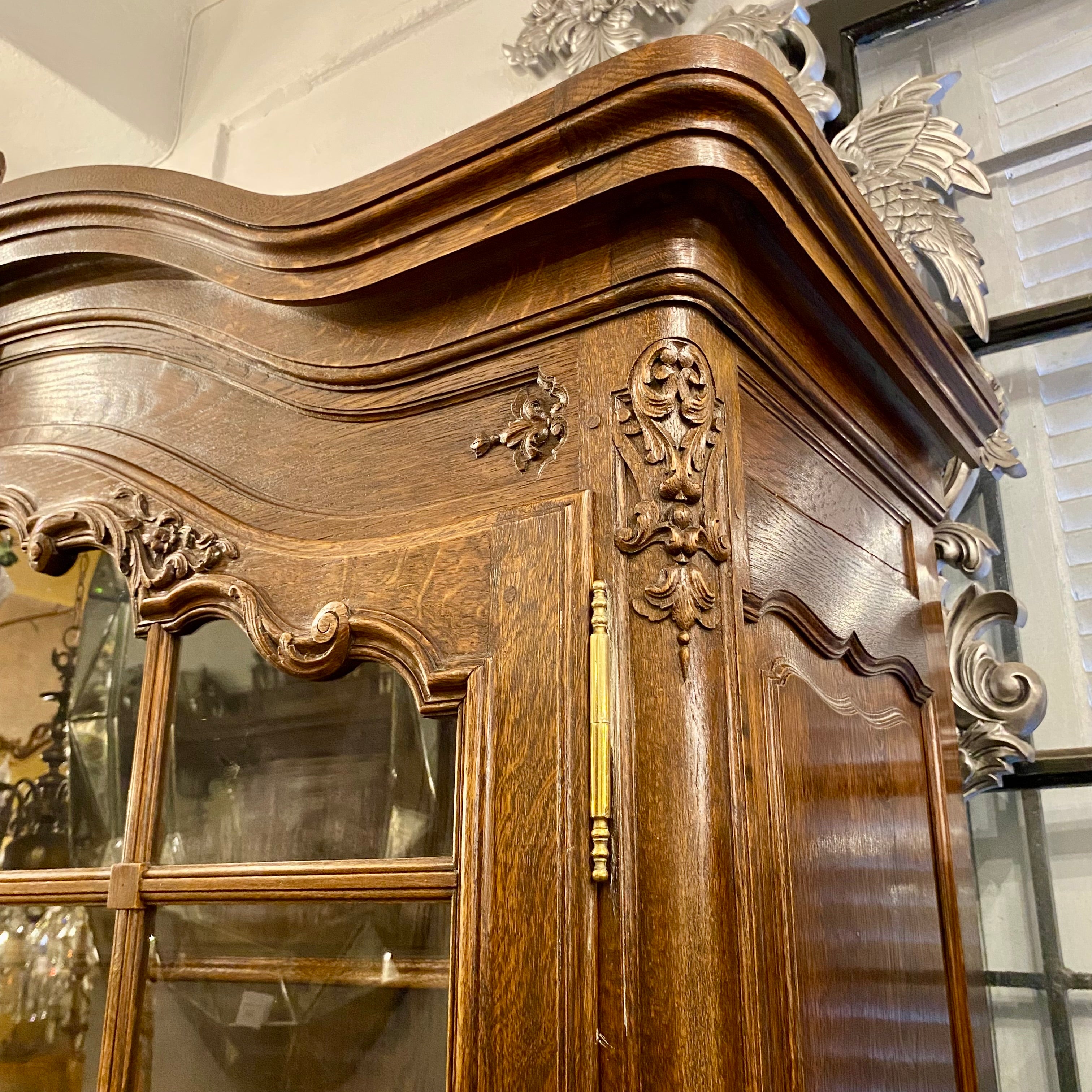 Large Oak Art Nouveau Display Cabinet  with Brass Detailing