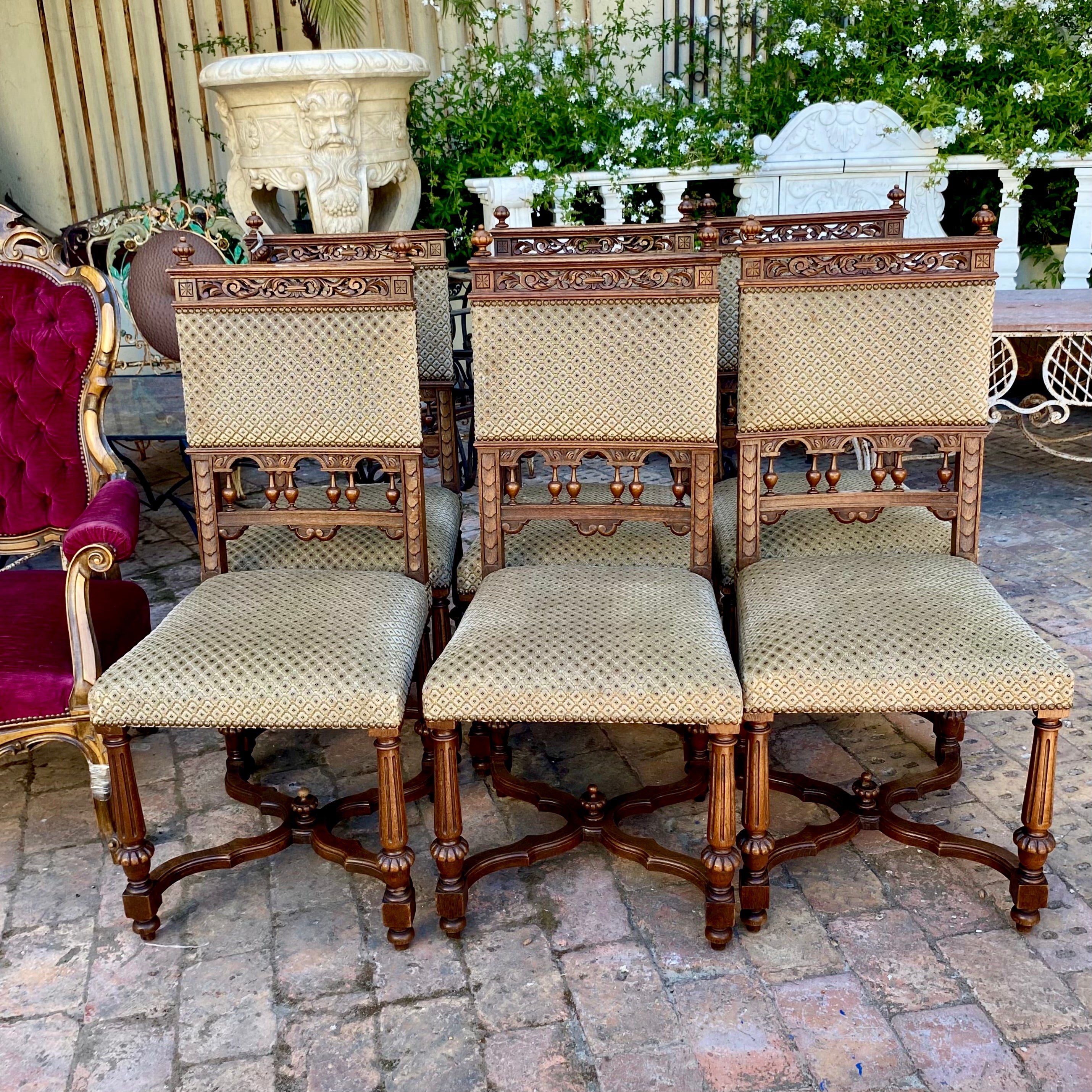 Antique Carved Oak Dining Chairs with Brass Studding
