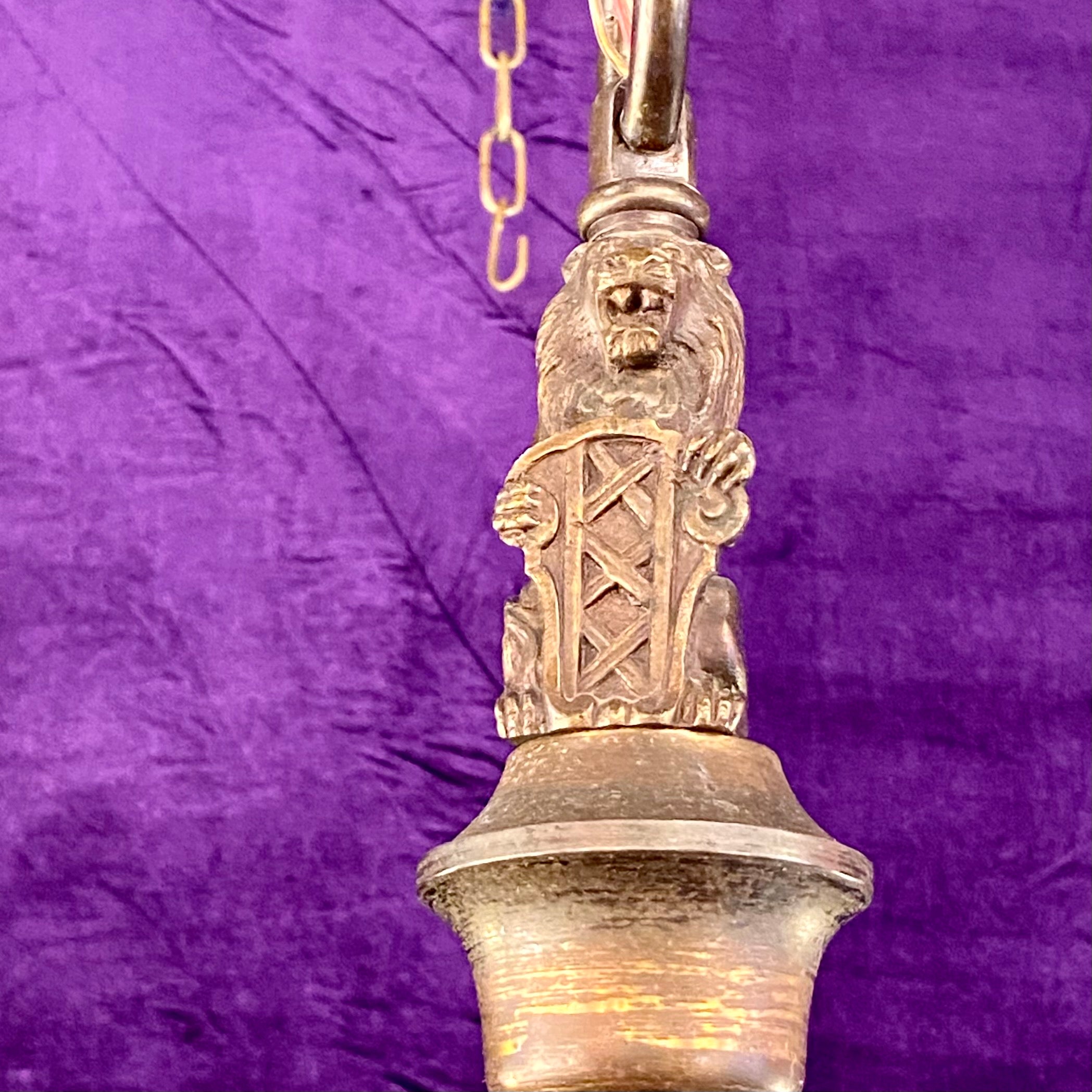 Antique Aged Brass Flemish Chandelier with Lion Detail
