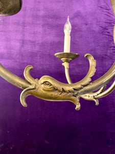 Antique Aged Brass Flemish Chandelier with Lion Detail
