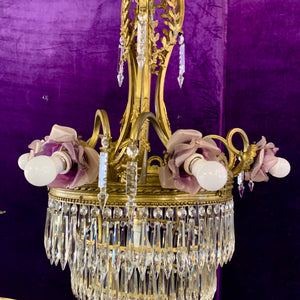 Phenomenal Antique Brass Waterfall Chandelier with Lilac Roses