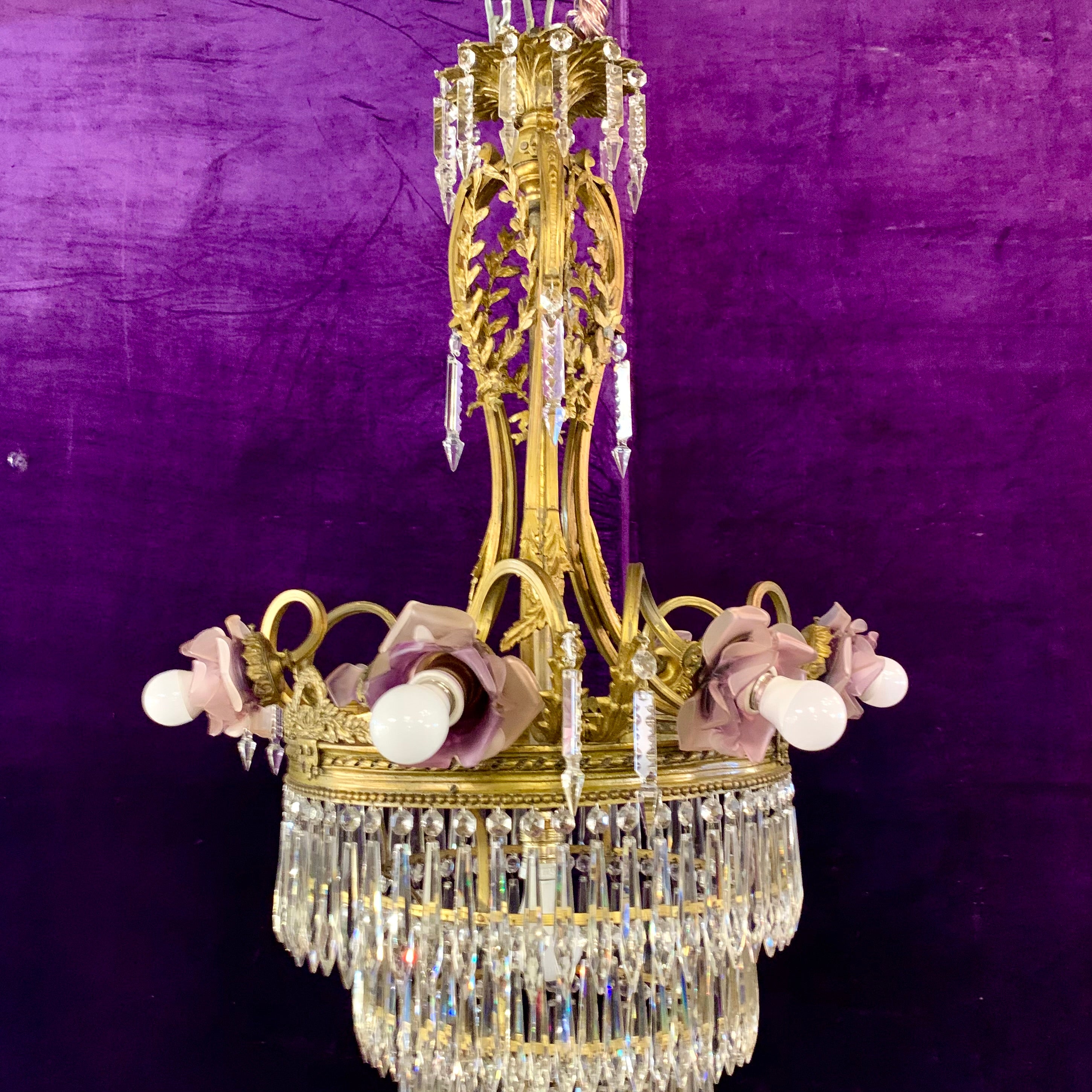 Phenomenal Antique Brass Waterfall Chandelier with Lilac Roses