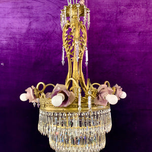 Phenomenal Antique Brass Waterfall Chandelier with Lilac Roses