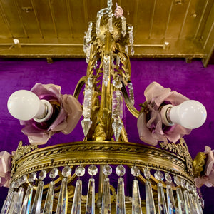 Phenomenal Antique Brass Waterfall Chandelier with Lilac Roses