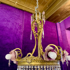 Phenomenal Antique Brass Waterfall Chandelier with Lilac Roses