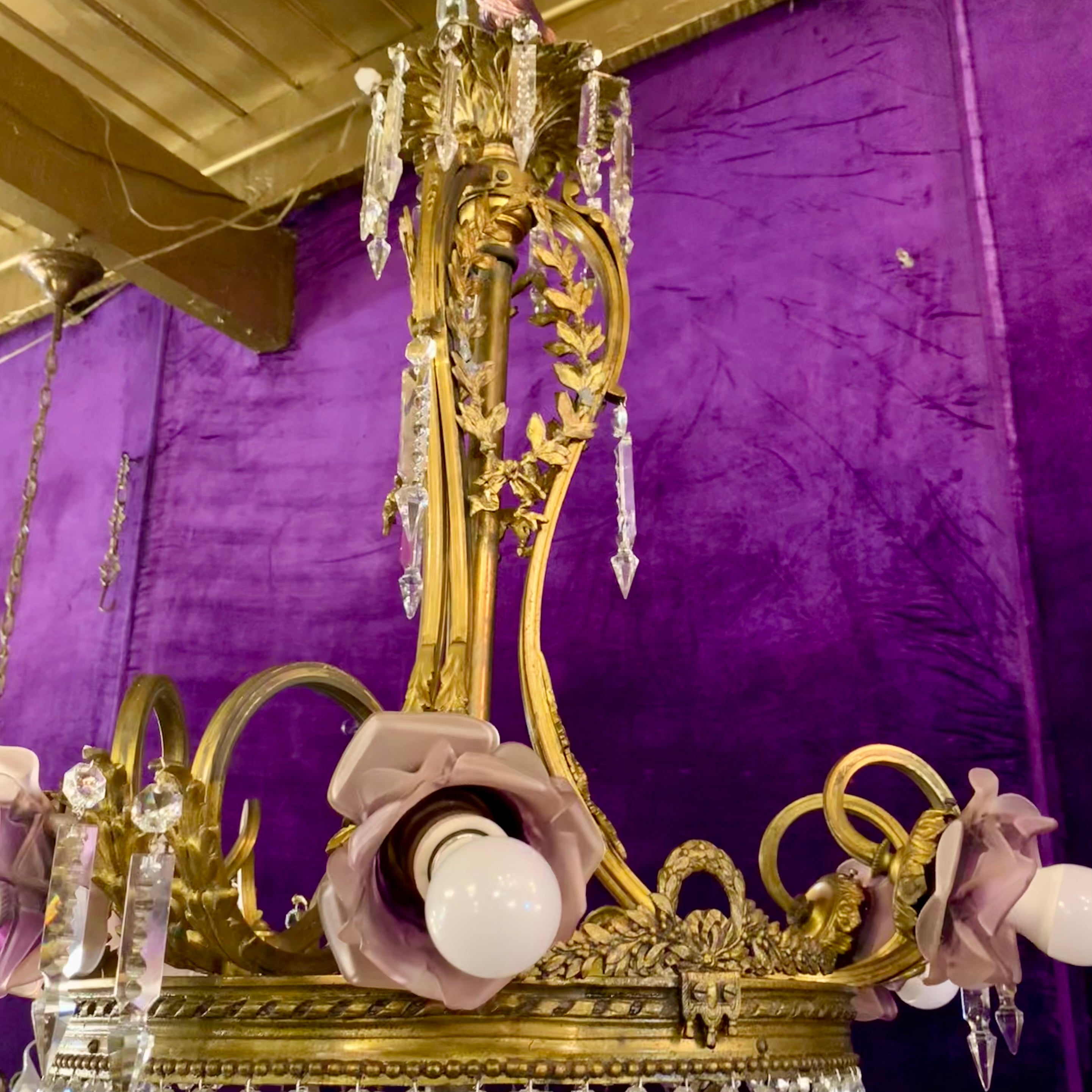 Phenomenal Antique Brass Waterfall Chandelier with Lilac Roses