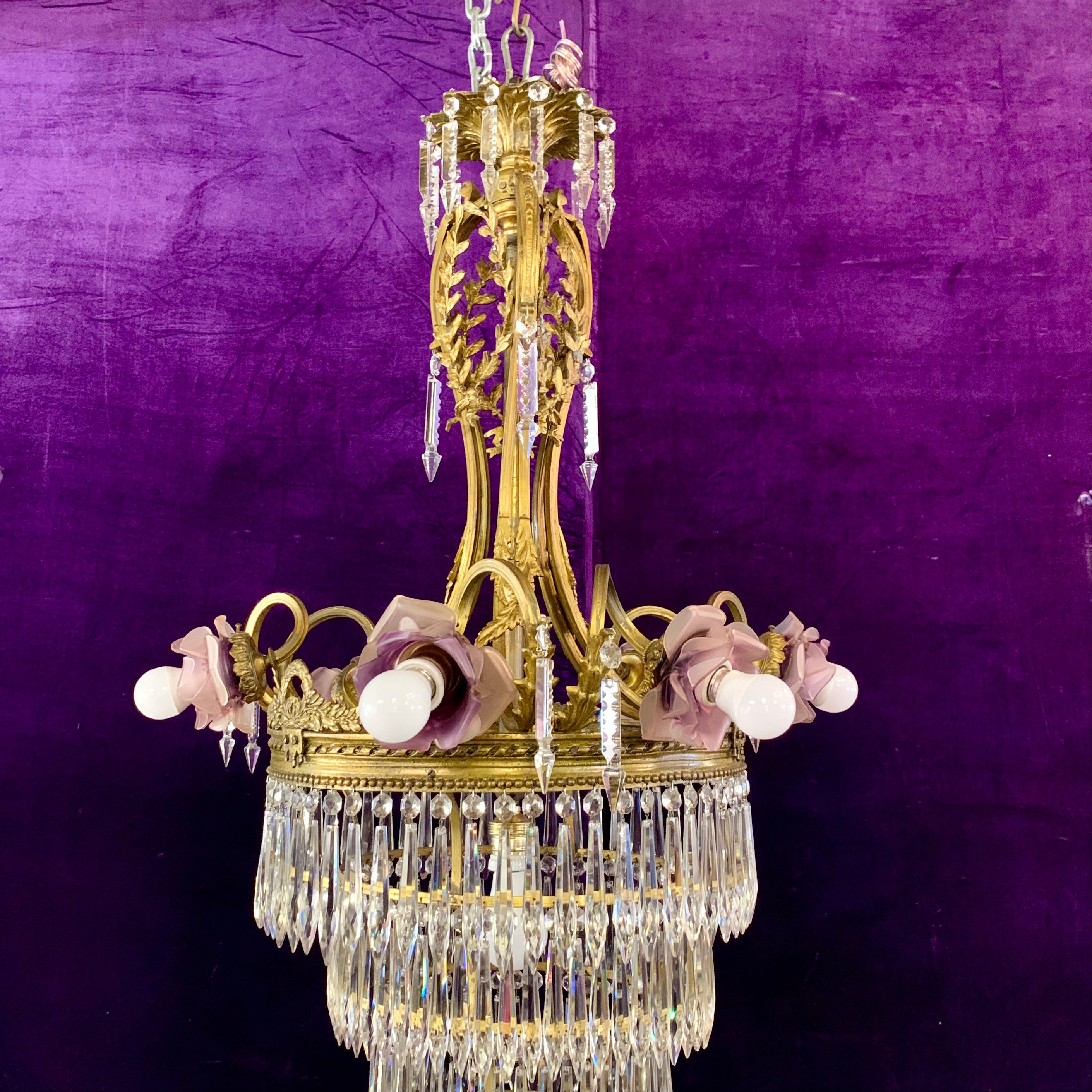 Phenomenal Antique Brass Waterfall Chandelier with Lilac Roses