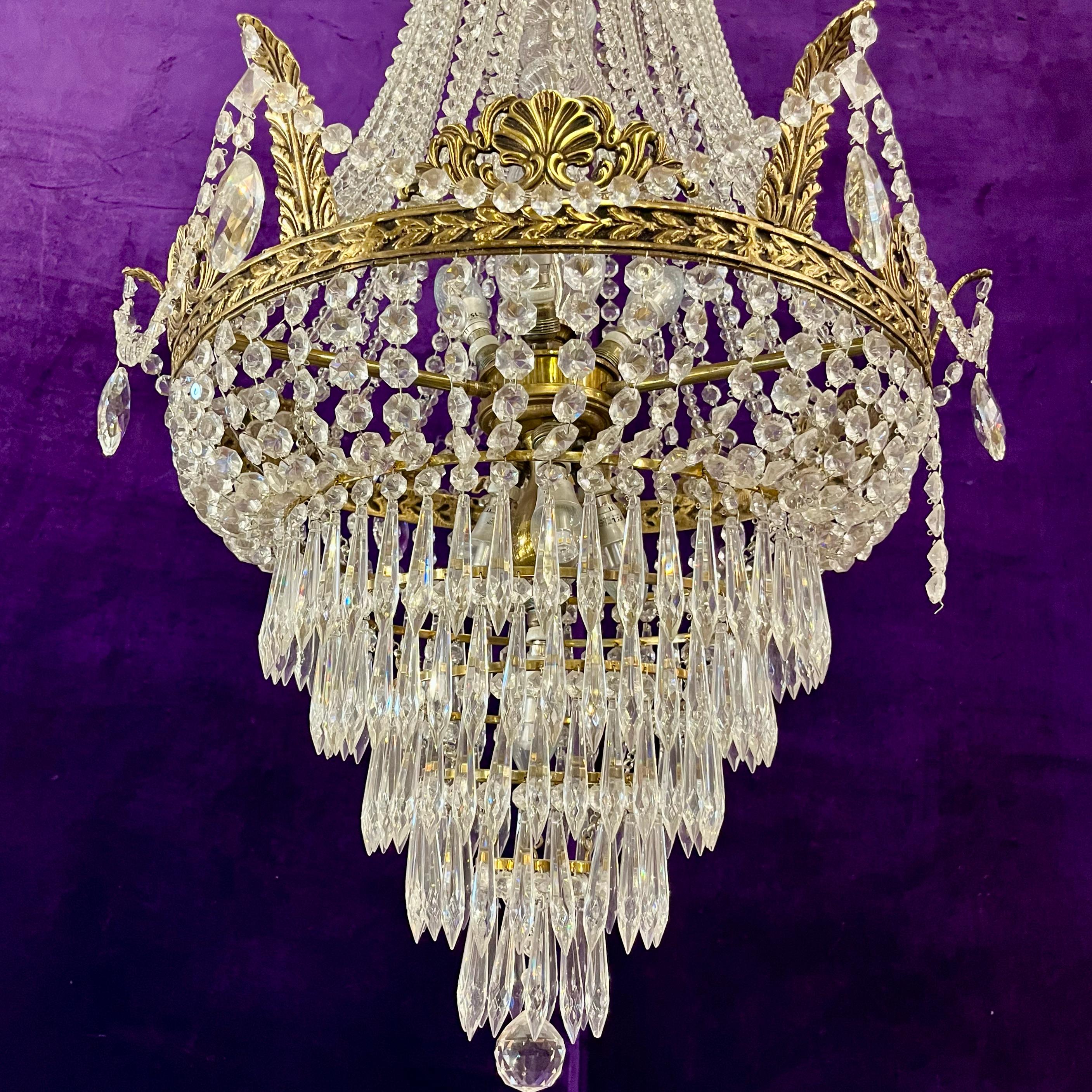 Custom Neoclassical Crystal Chandelier with Antique Brass Castings by Delos
