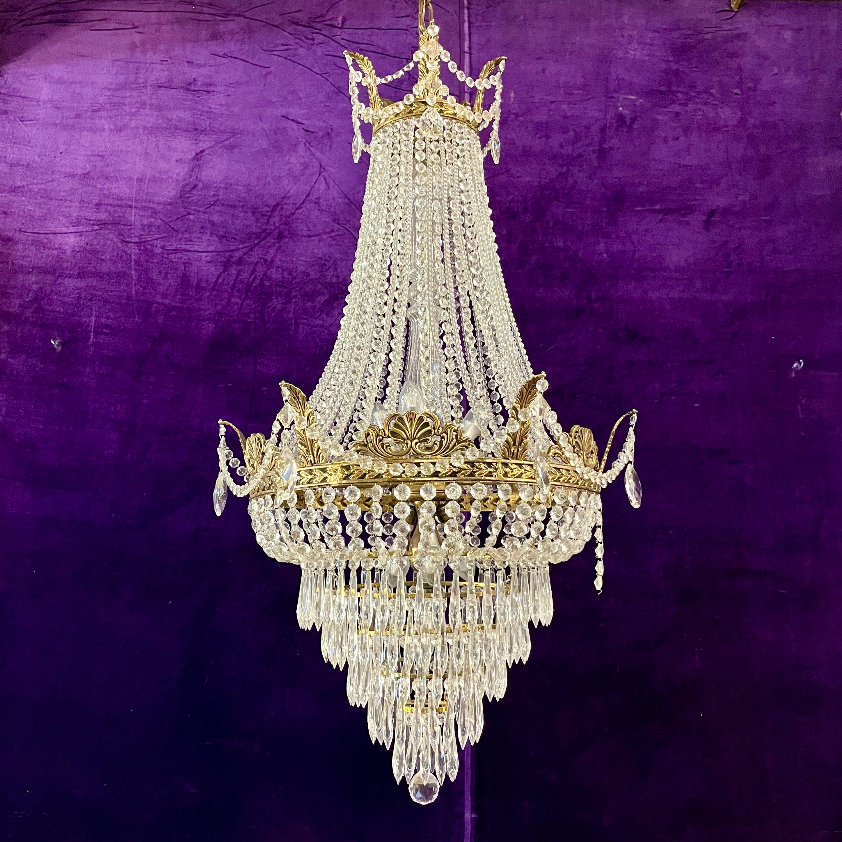 Custom Neoclassical Crystal Chandelier with Antique Brass Castings by Delos