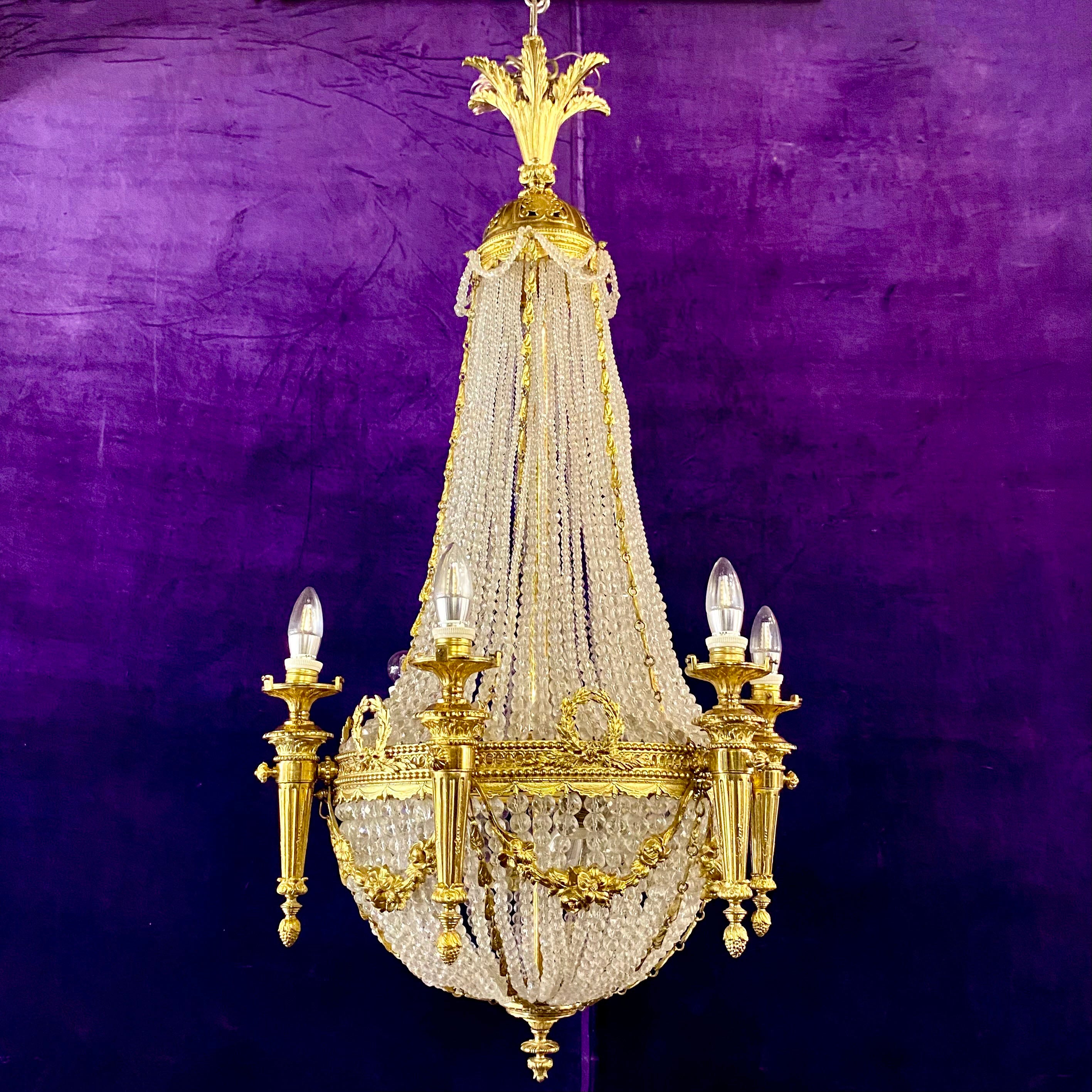 Incredible Antique Gilded Brass Neoclassical Chandelier