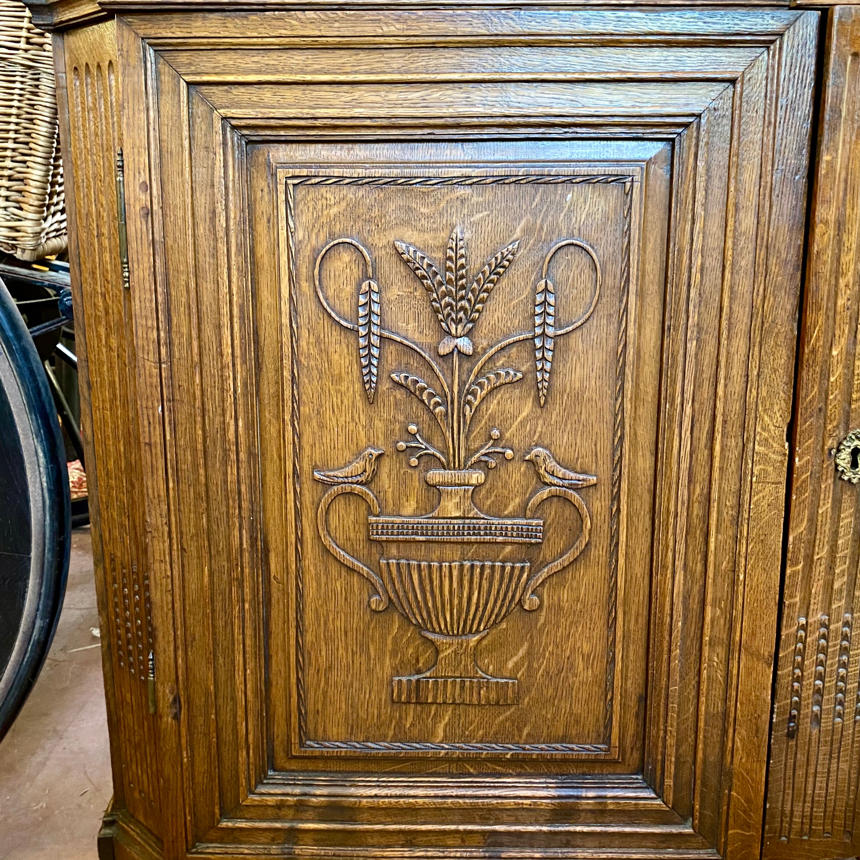 Antique Carved Oak Cabinet with Brass Fixtures