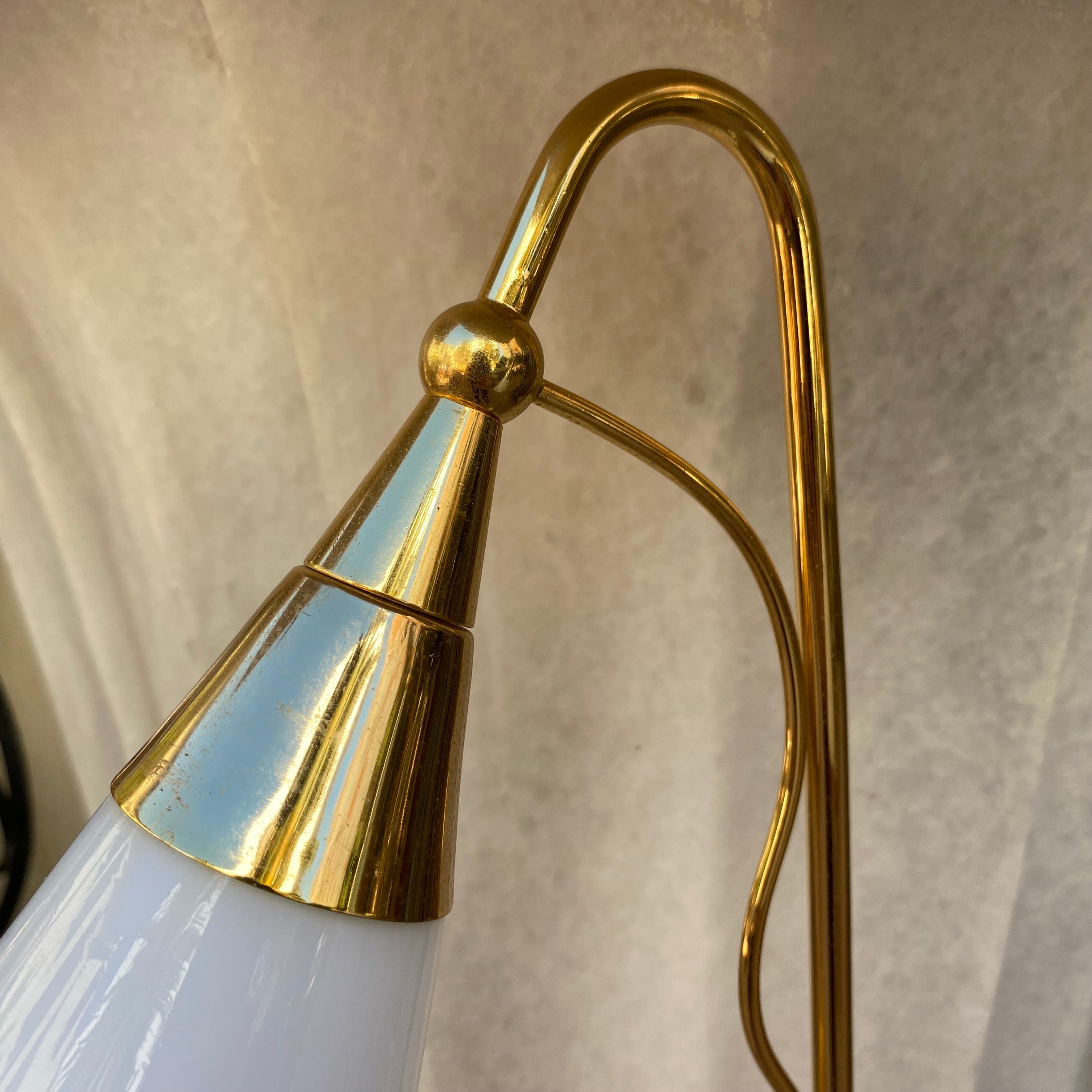 Pair of Elegant Brass Standing Lamps with White Glass Shades