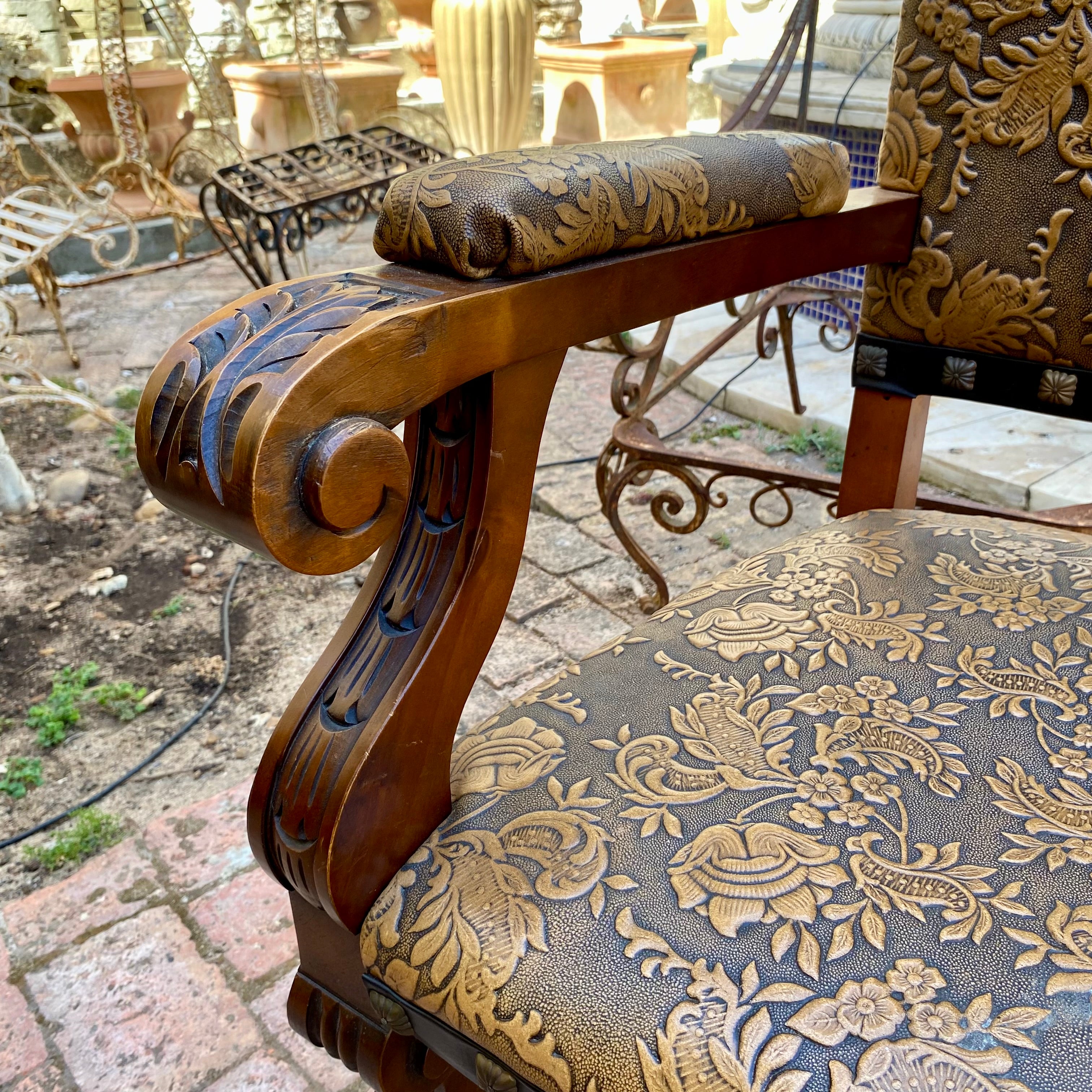 Magnificent Antique Embossed Leather and Oak Arm Chair