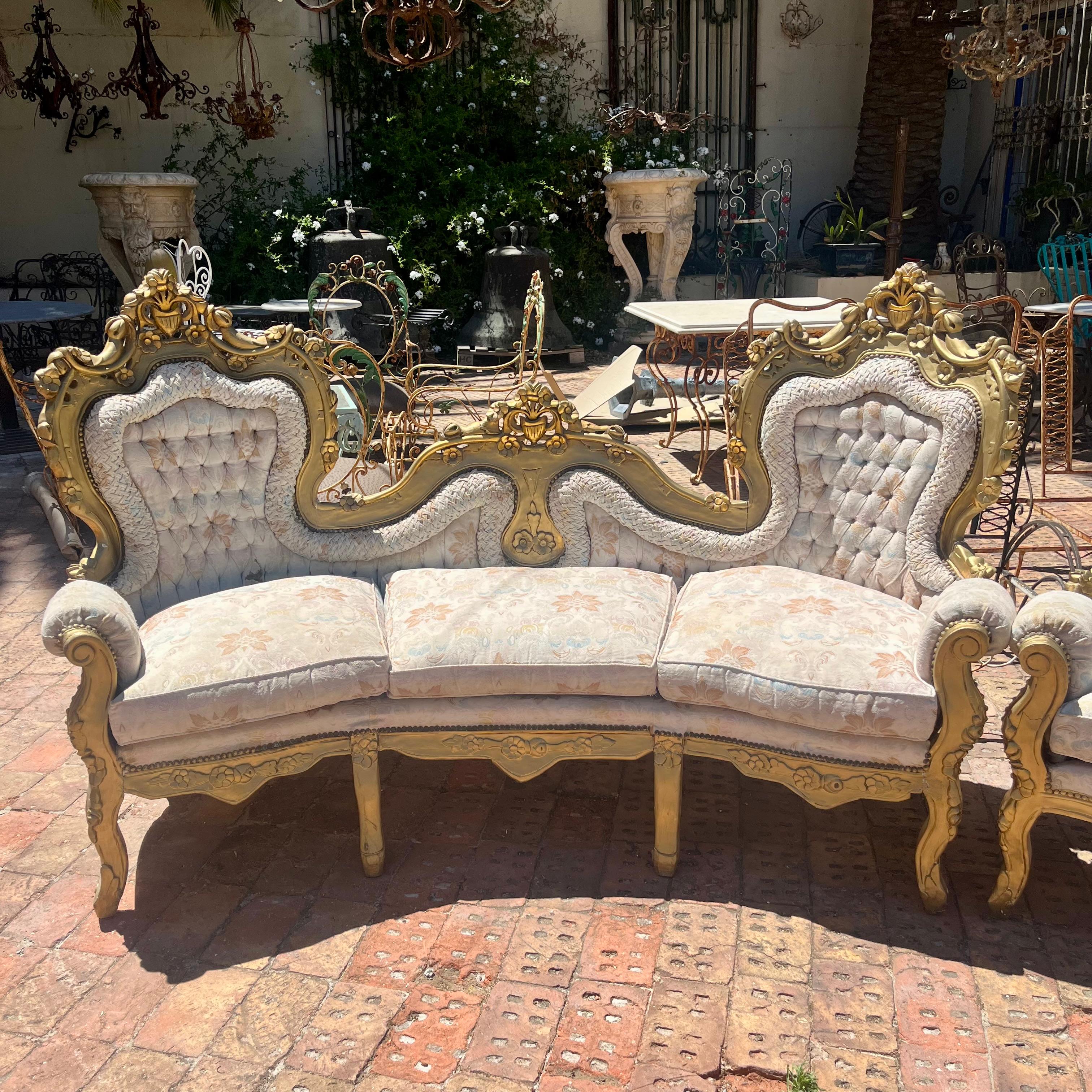 French Giltwood Tufted Salon Ensemble in Ivory Brocade