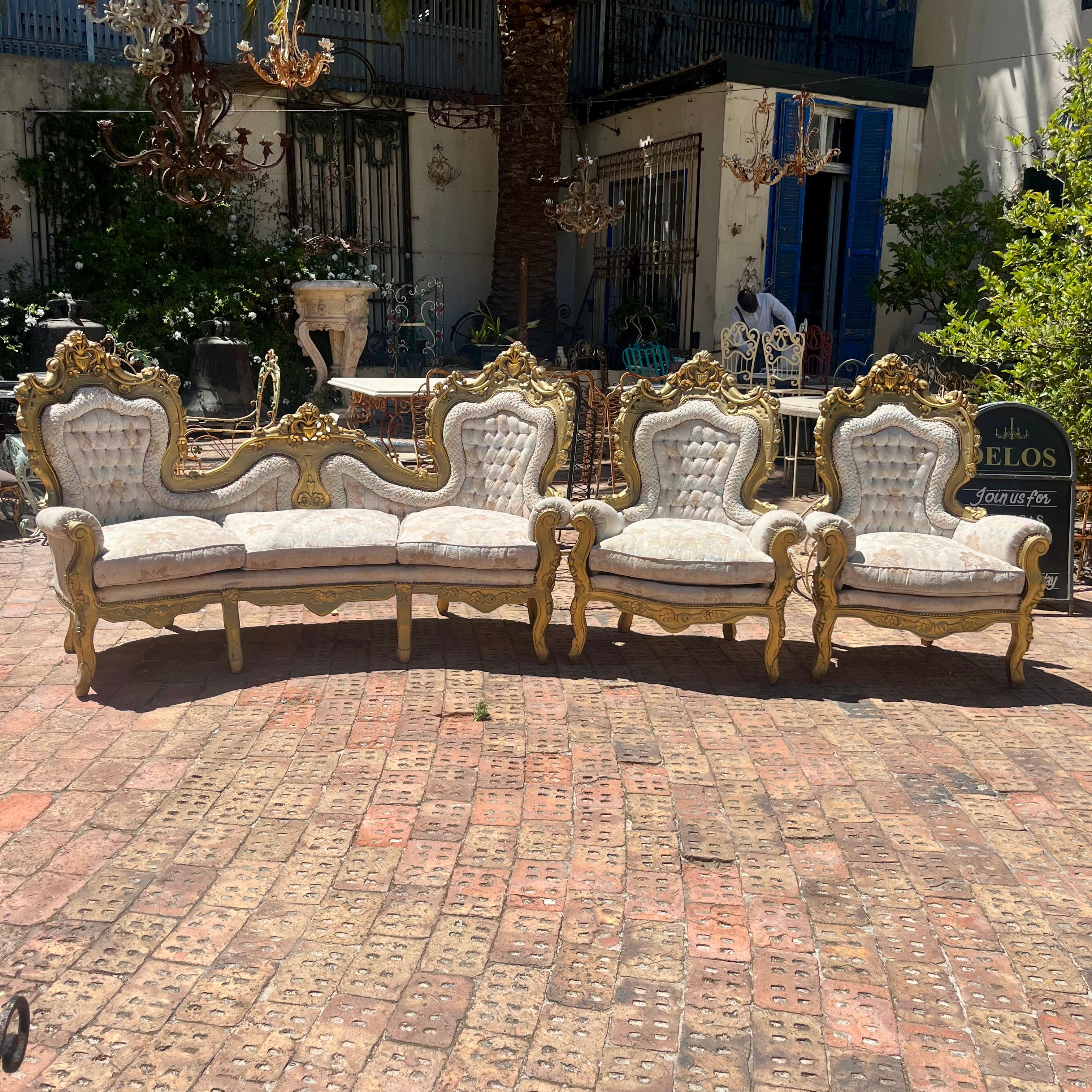 French Giltwood Tufted Salon Ensemble in Ivory Brocade