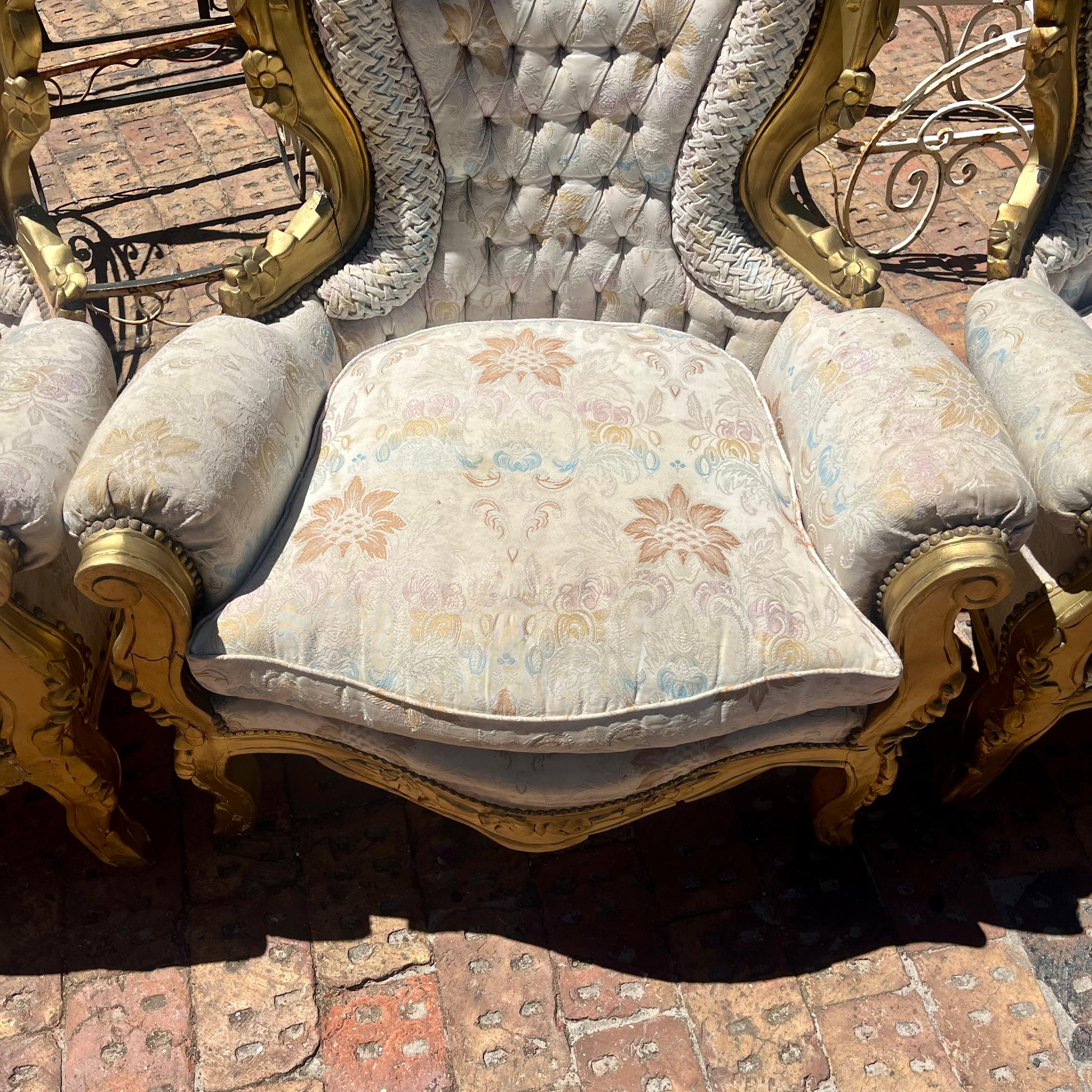 French Giltwood Tufted Salon Ensemble in Ivory Brocade