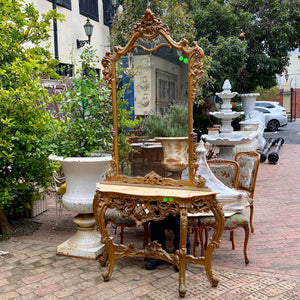Antique Gilt Wood Mirror and Console Set with Marble Top