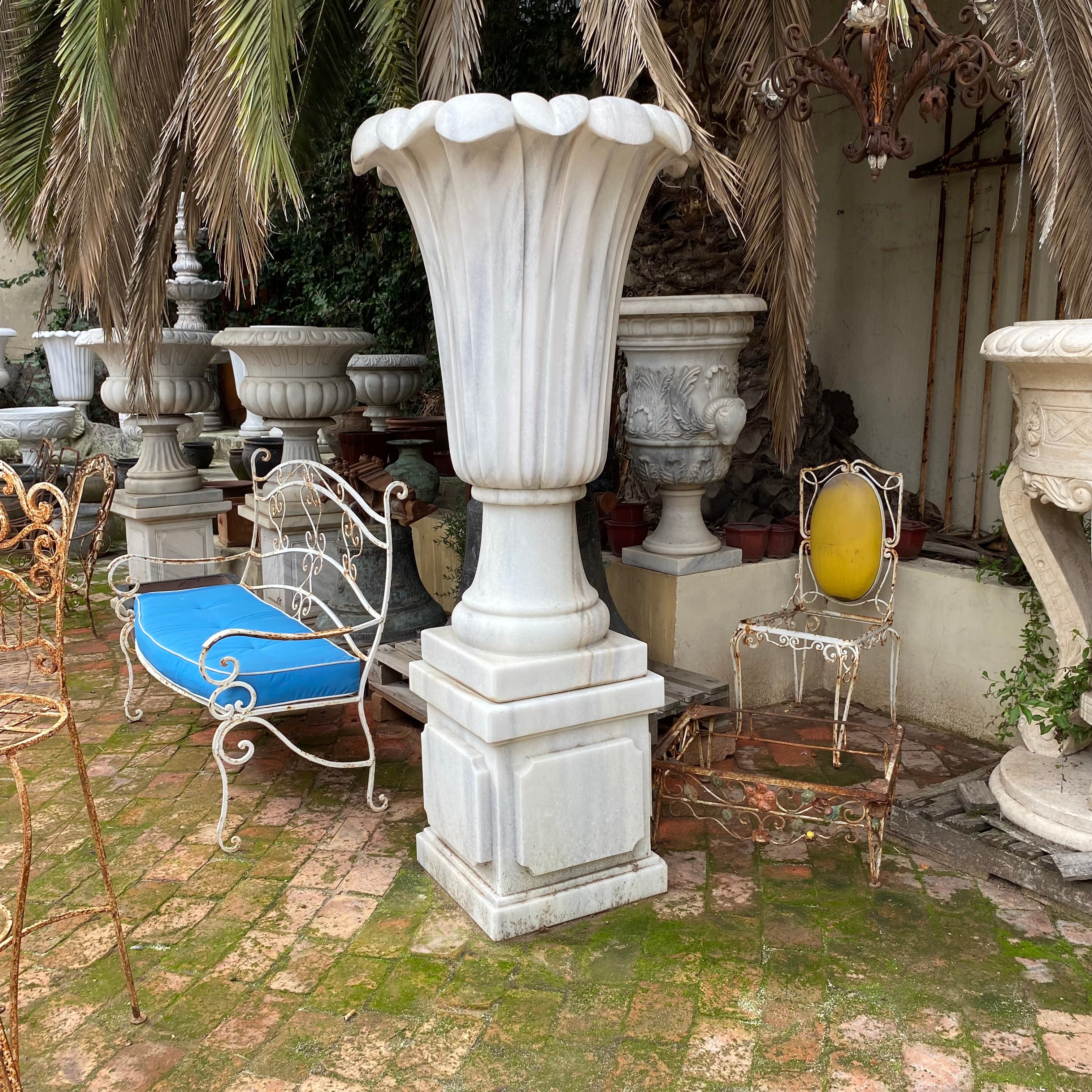 Very Large White Marble Urn and Plinth