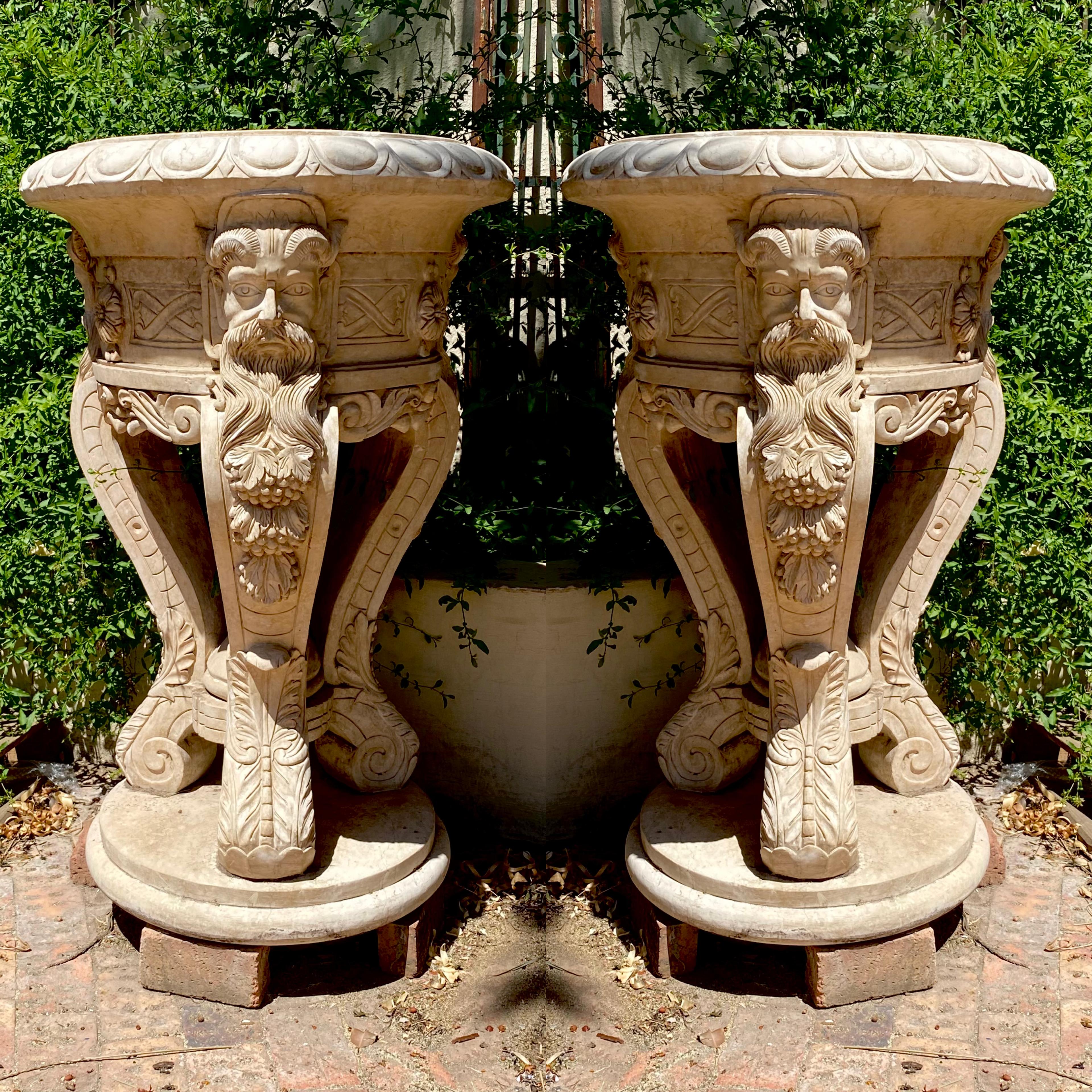 Incredible Pair of Travertine "Zeus" Urns