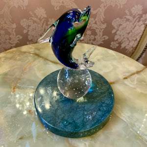 Blue Dolphin on Clear Ball Murano Ornament