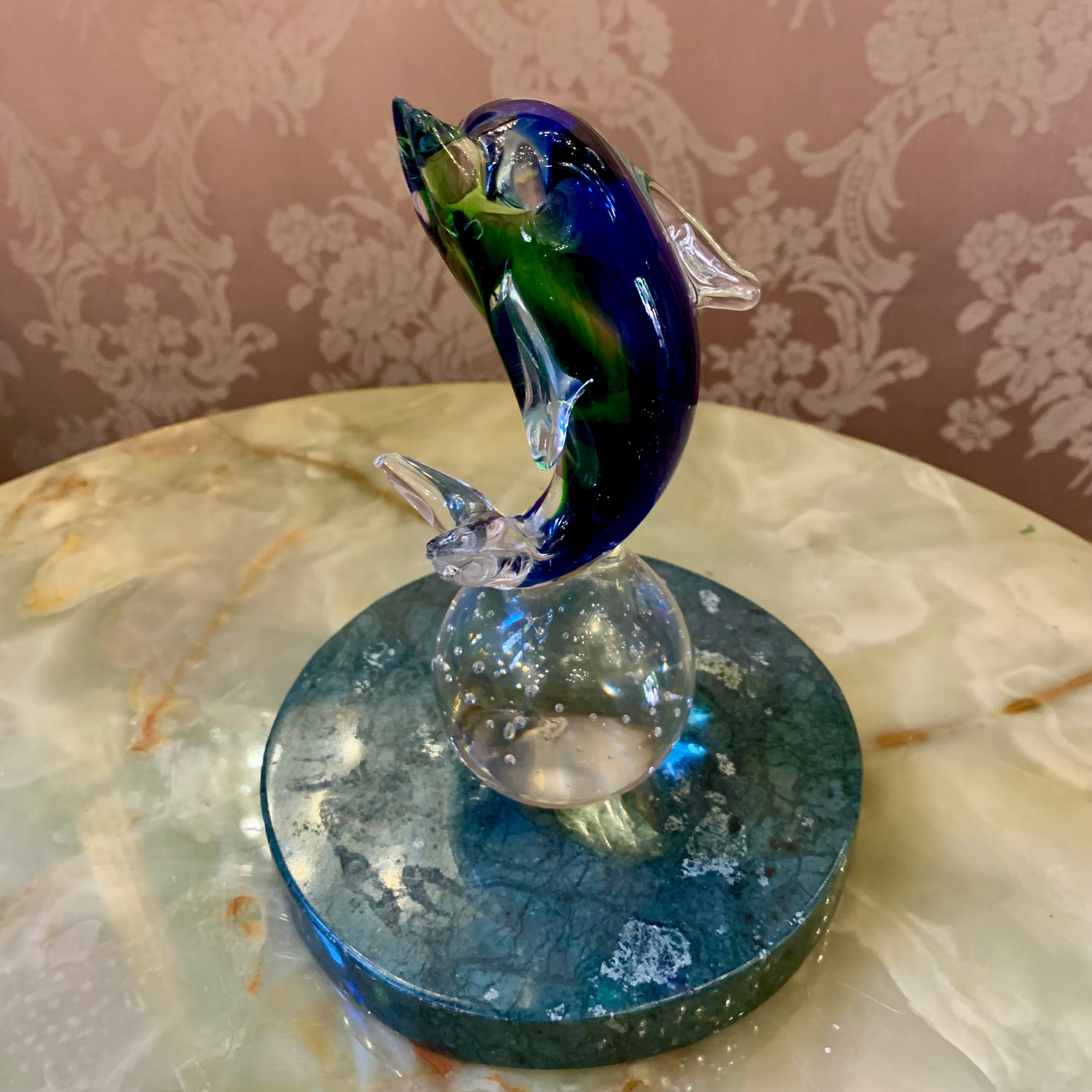 Blue Dolphin on Clear Ball Murano Ornament