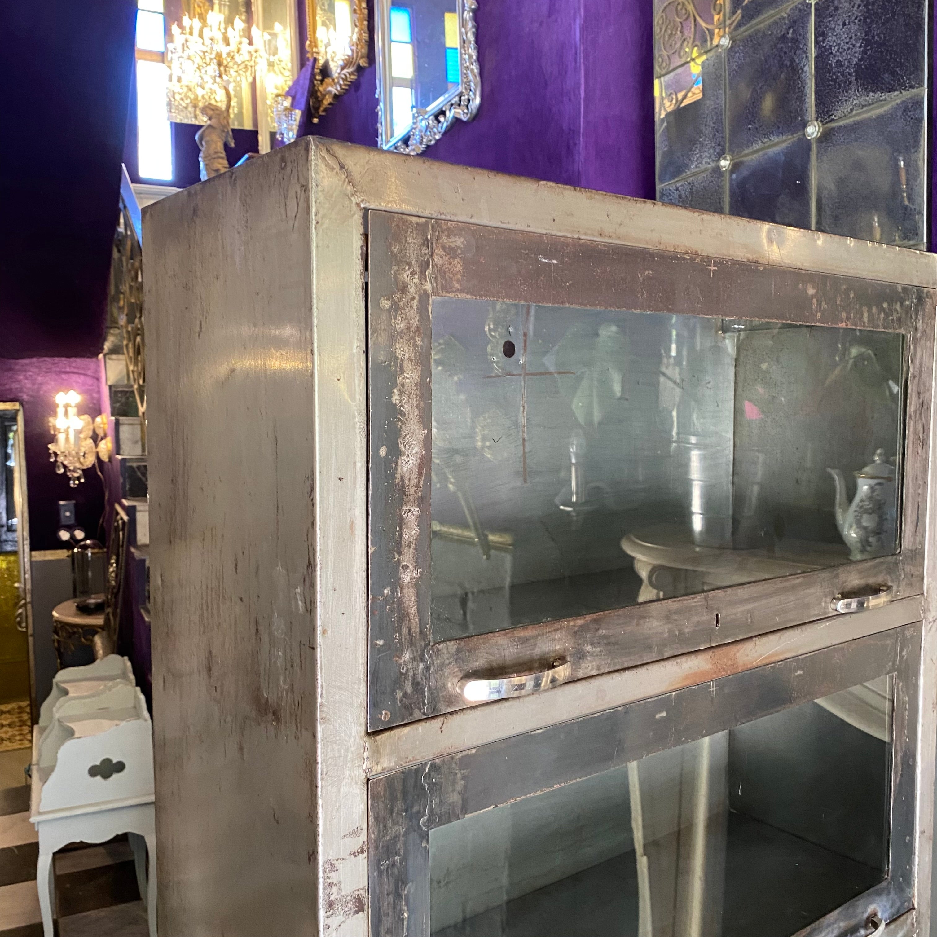 Vintage Military Steel Cabinet with Glass Panels