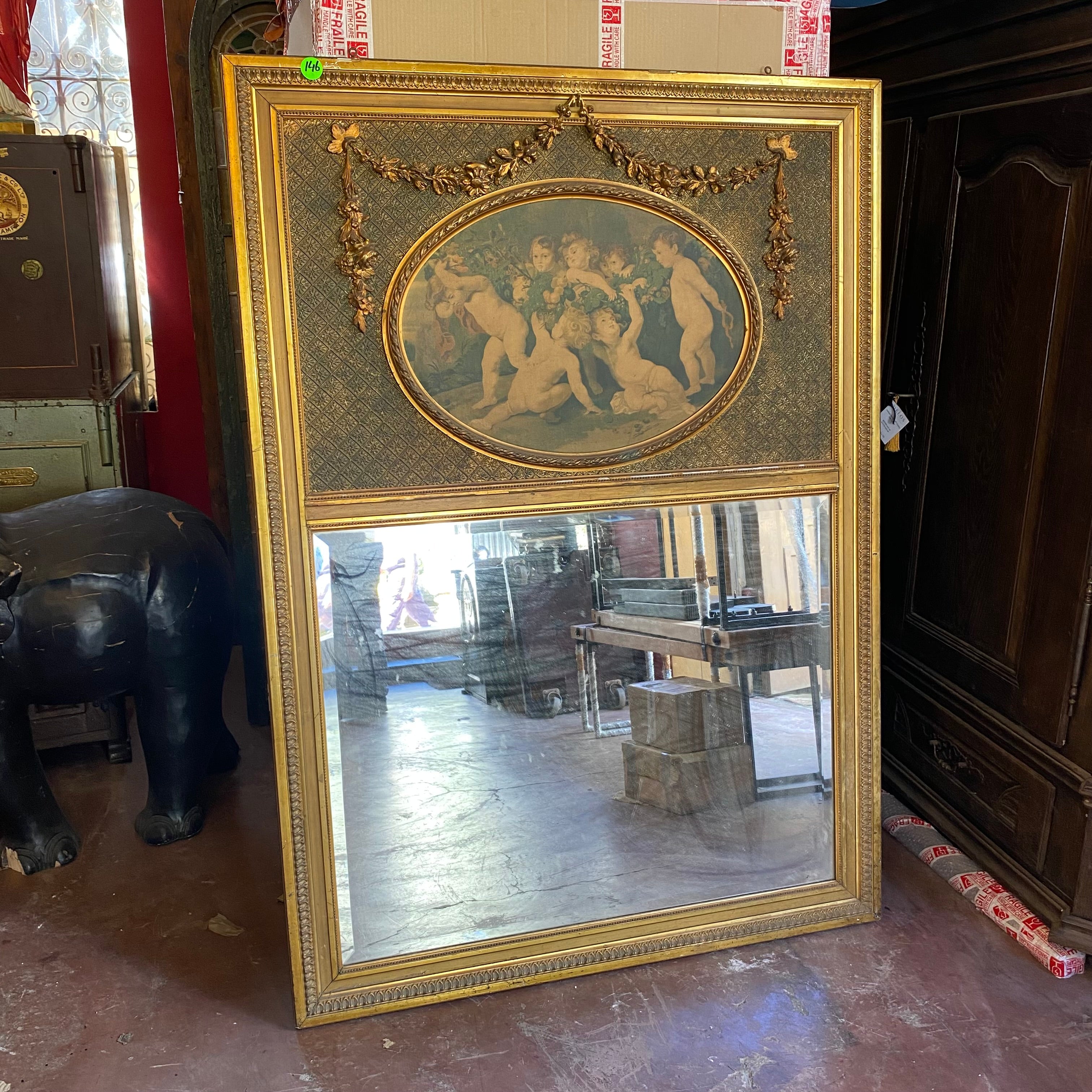 Antique Gilt Trumeau Mirror with Hand Painted Cherubs