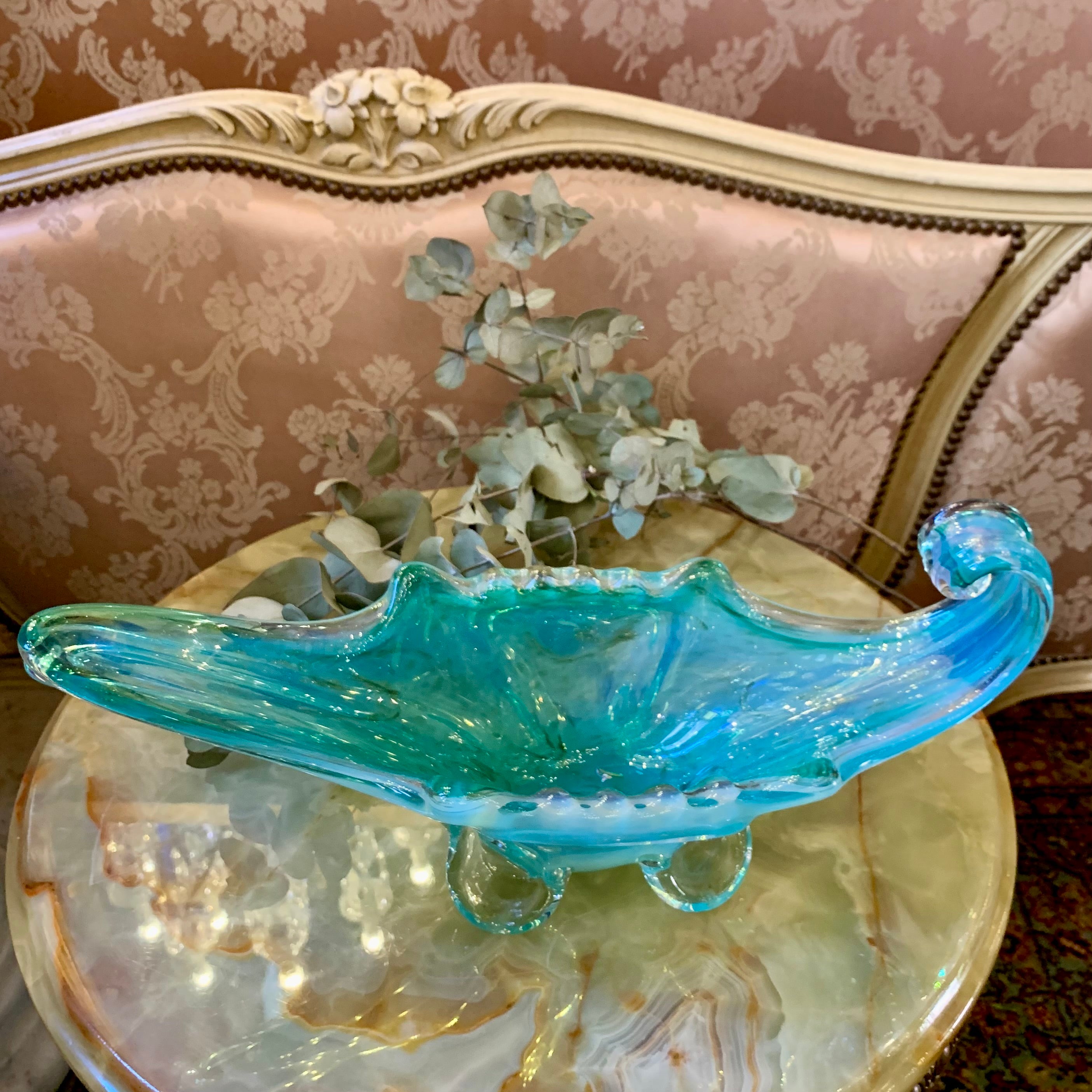 Stunning Sky Blue Murano Bowl with Gold Wisps