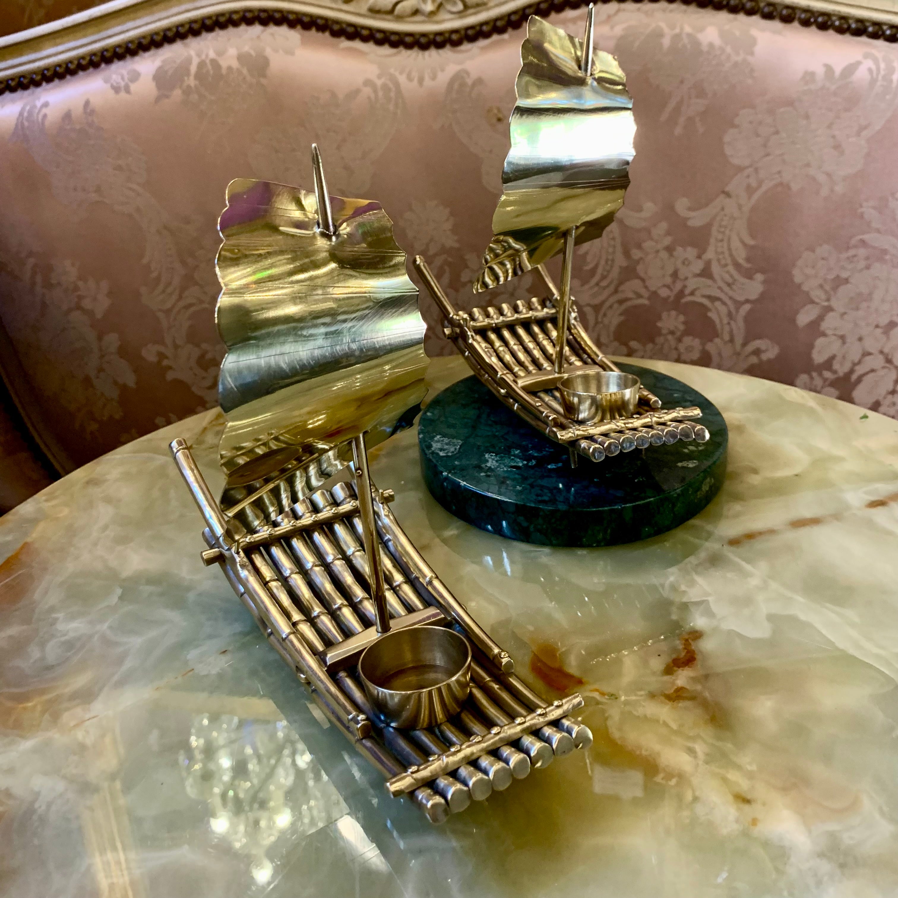 Pair of Polished Brass Ship Tealight Holders