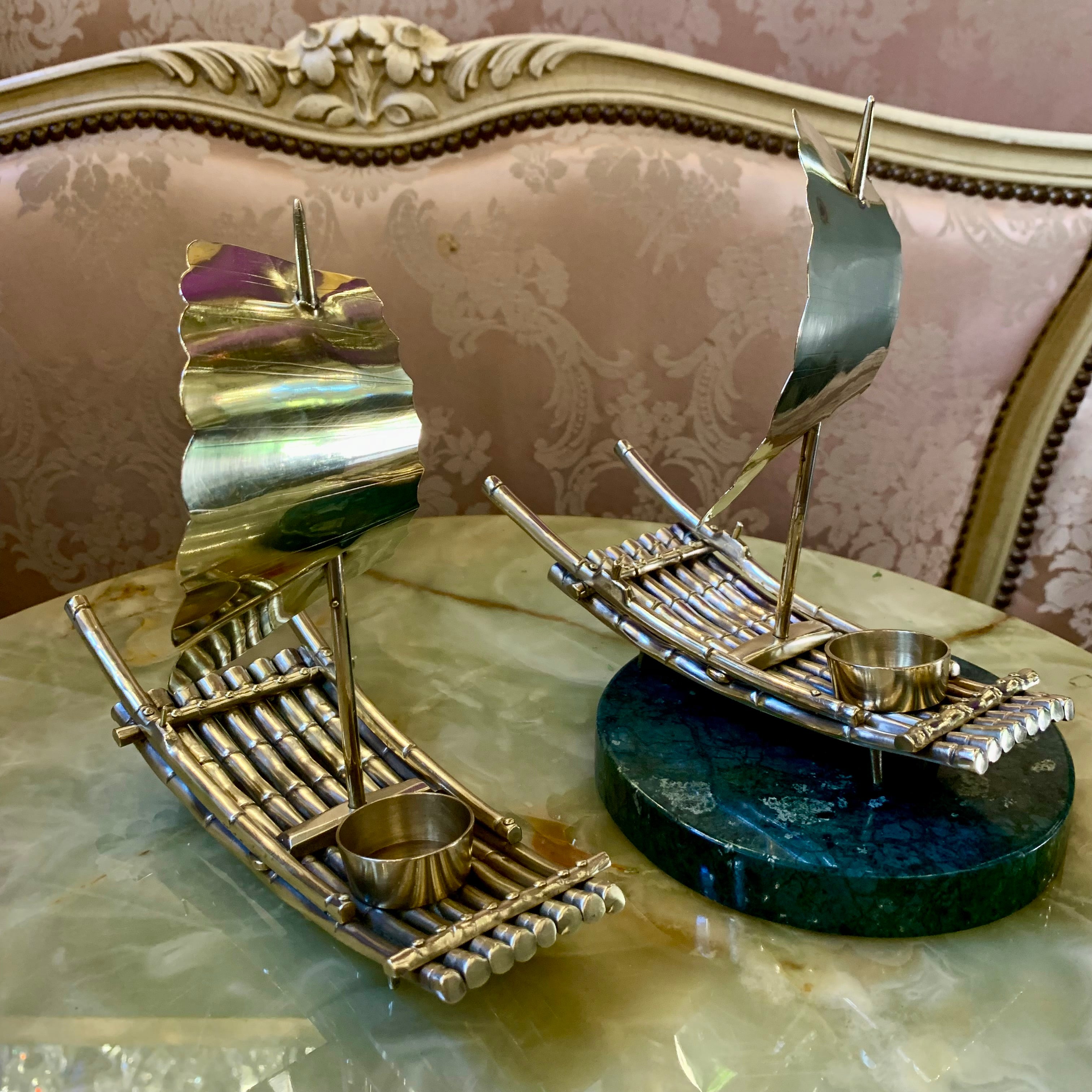 Pair of Polished Brass Ship Tealight Holders