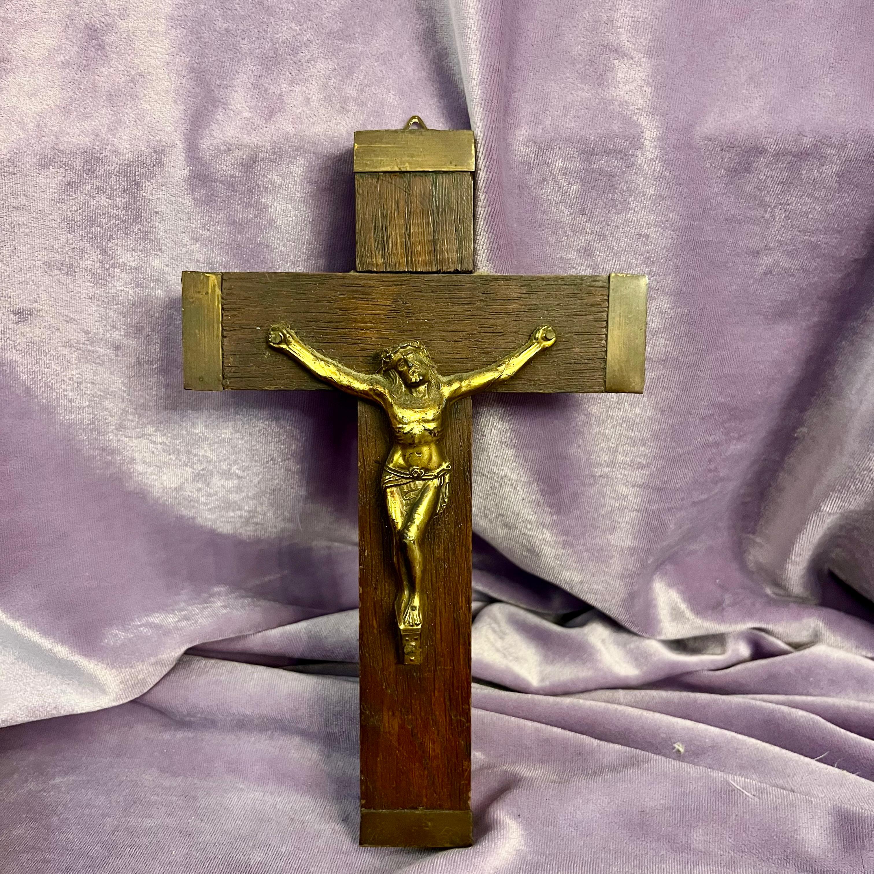 Bronze Corpus Crucifix on Wooden Cross