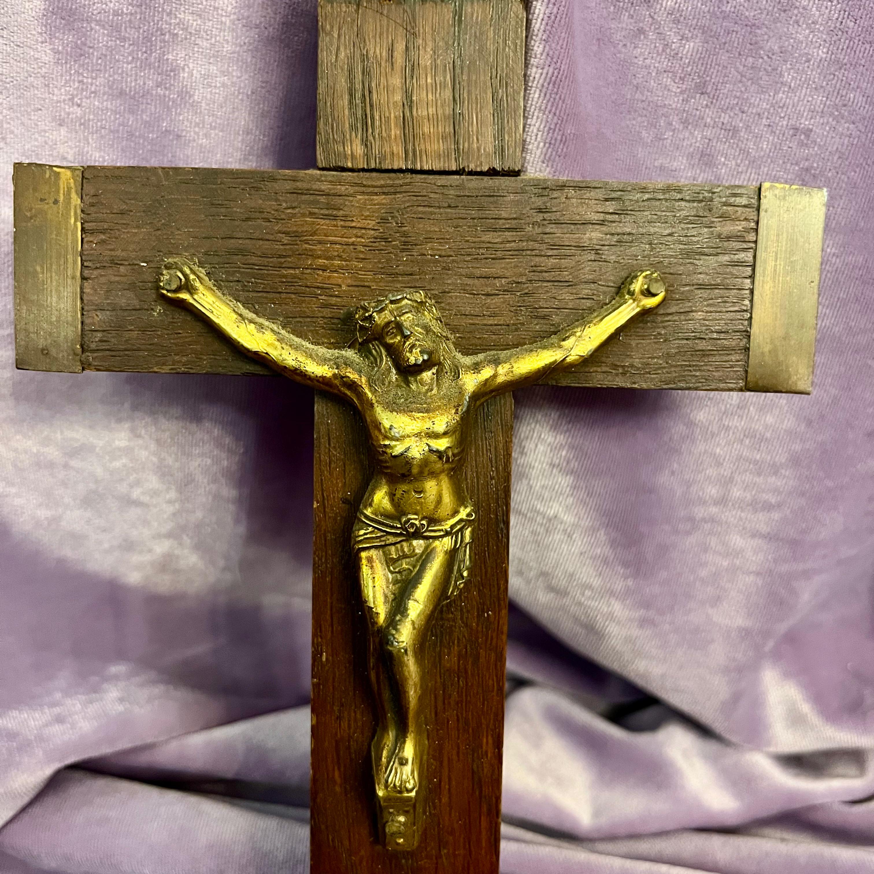 Bronze Corpus Crucifix on Wooden Cross