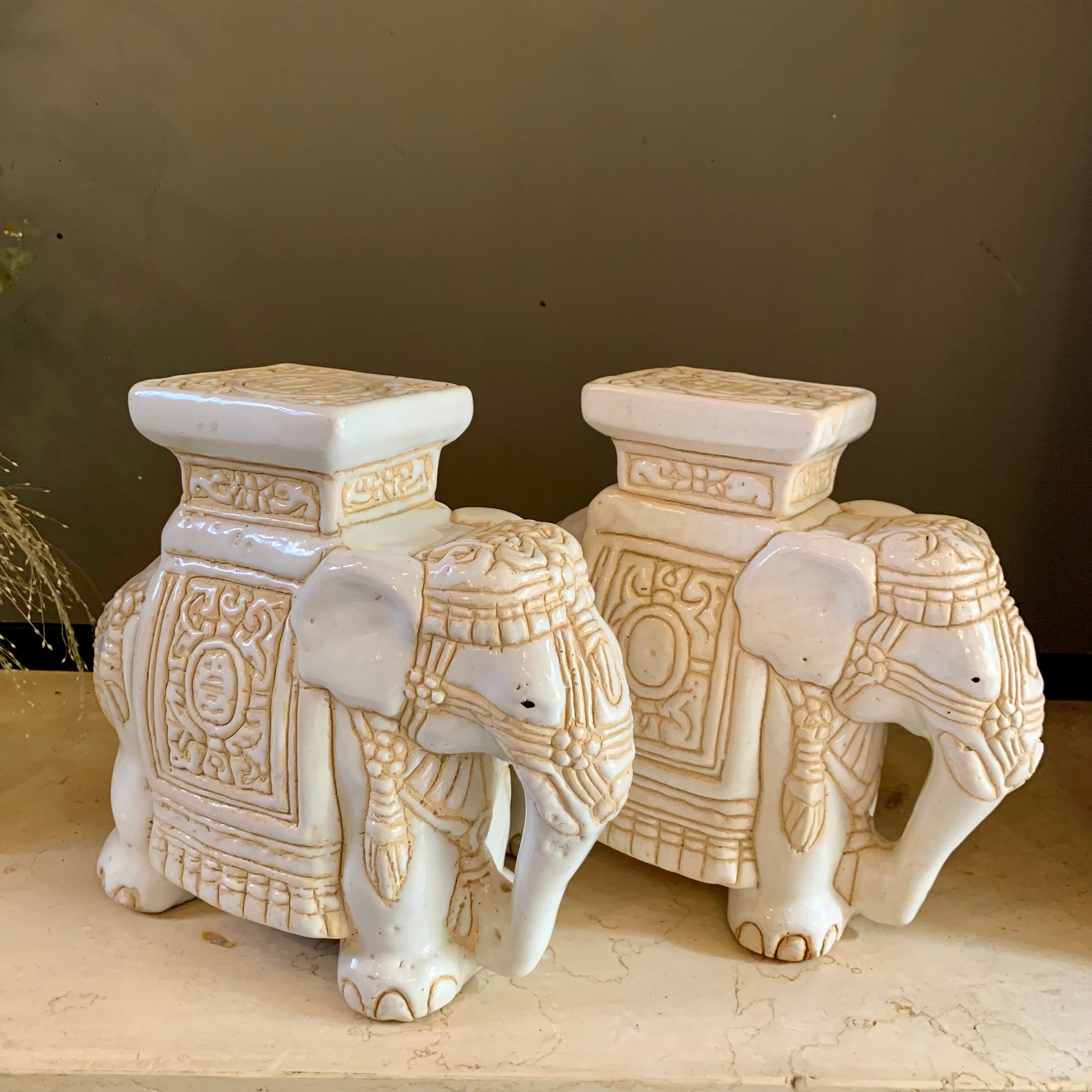 Beautiful Pair Of Vintage Glazed Ceramic Elephants