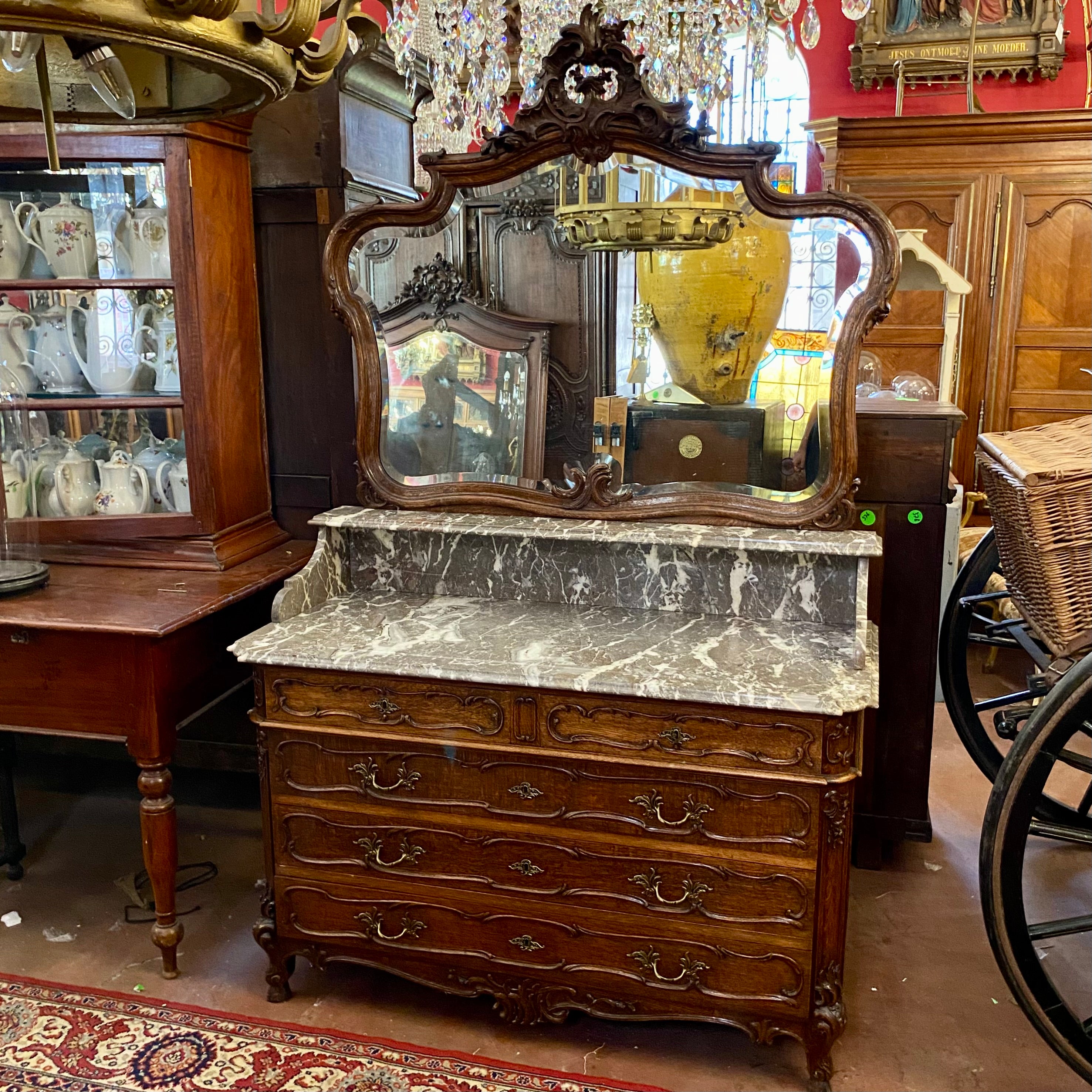 Antique Dark Oak Wash Stand with Grey Marble Top