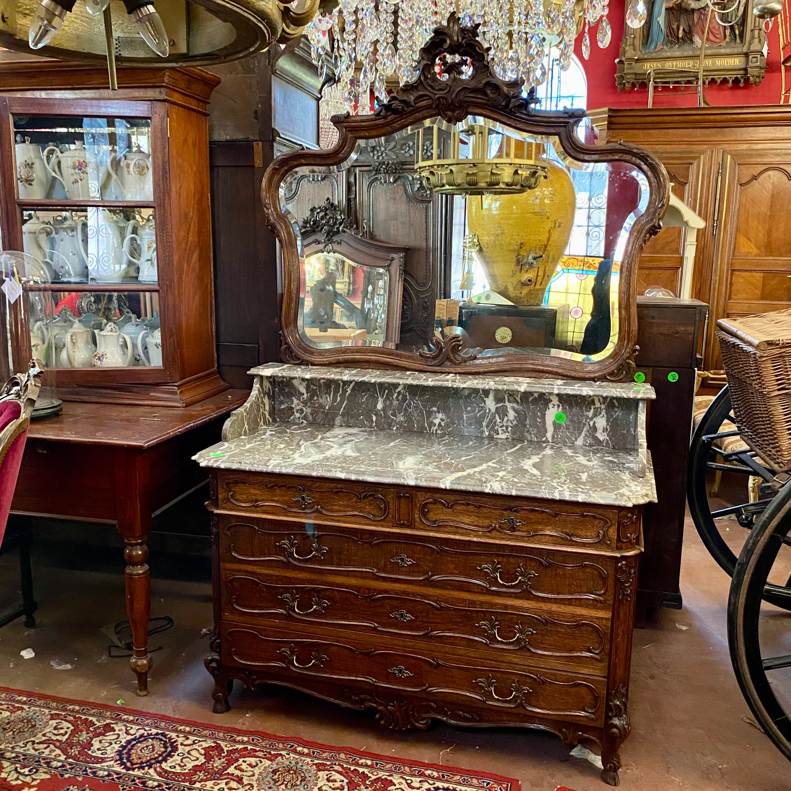 Antique Dark Oak Wash Stand with Grey Marble Top