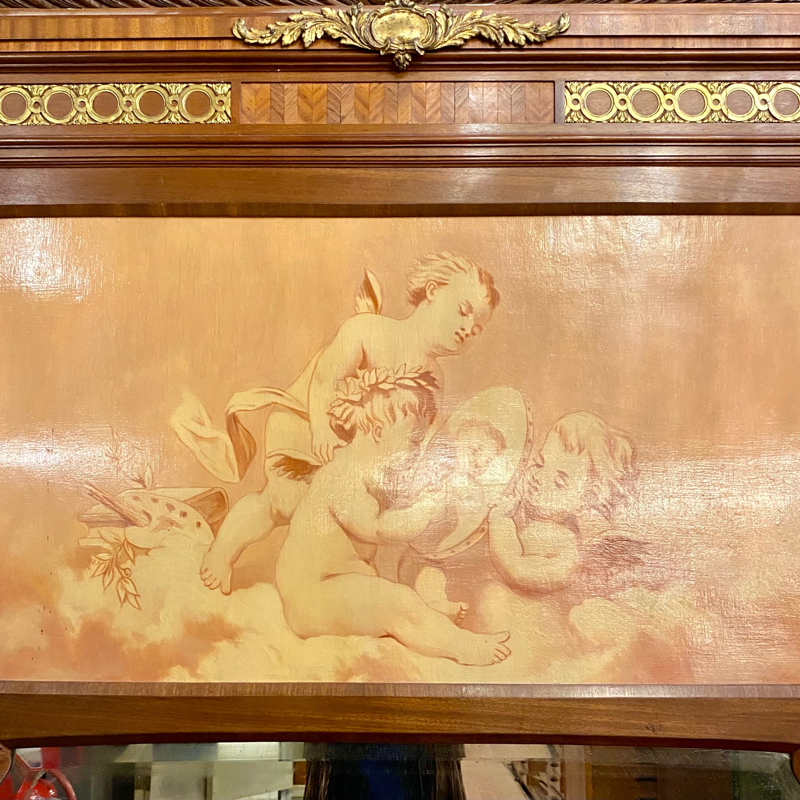 Large Antique Oak Mirror with Painted Cherubs